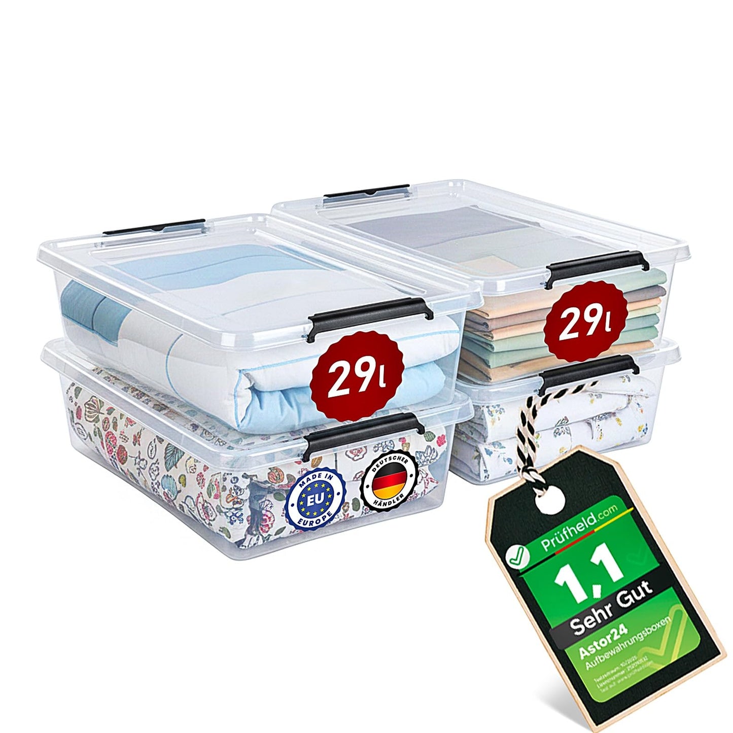 astor24 Storage Box with Lid - Transparent Organiser 40 L - Food Safe - Stackable. Ideal for Office, Children's Room, Clothes Boxes - Kitchen - Workshop