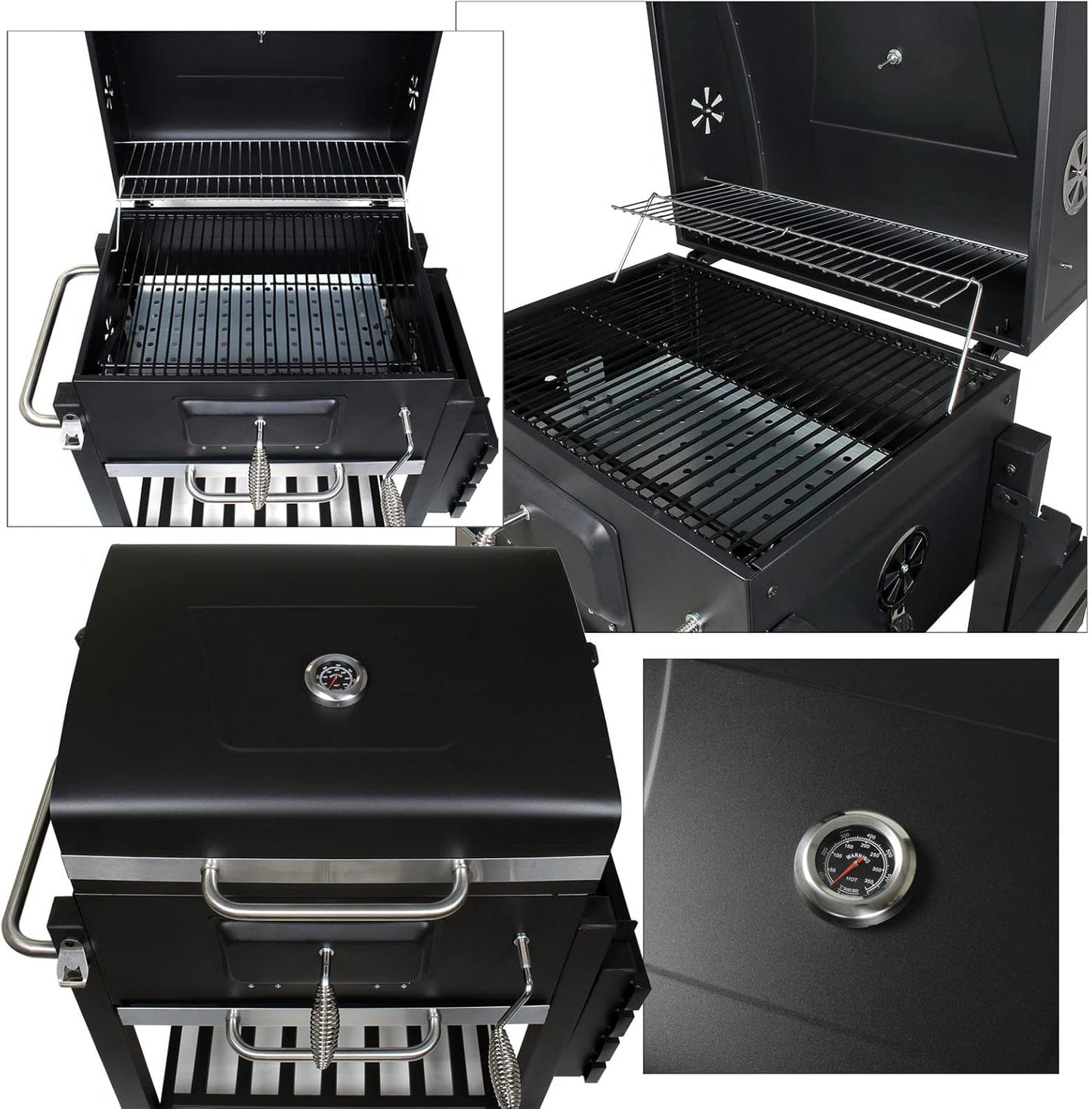 BBQ Charcoal Grill Trolley with Lid, Shelf and Fire Flap, Height Adjustment for Coal, Thermometer