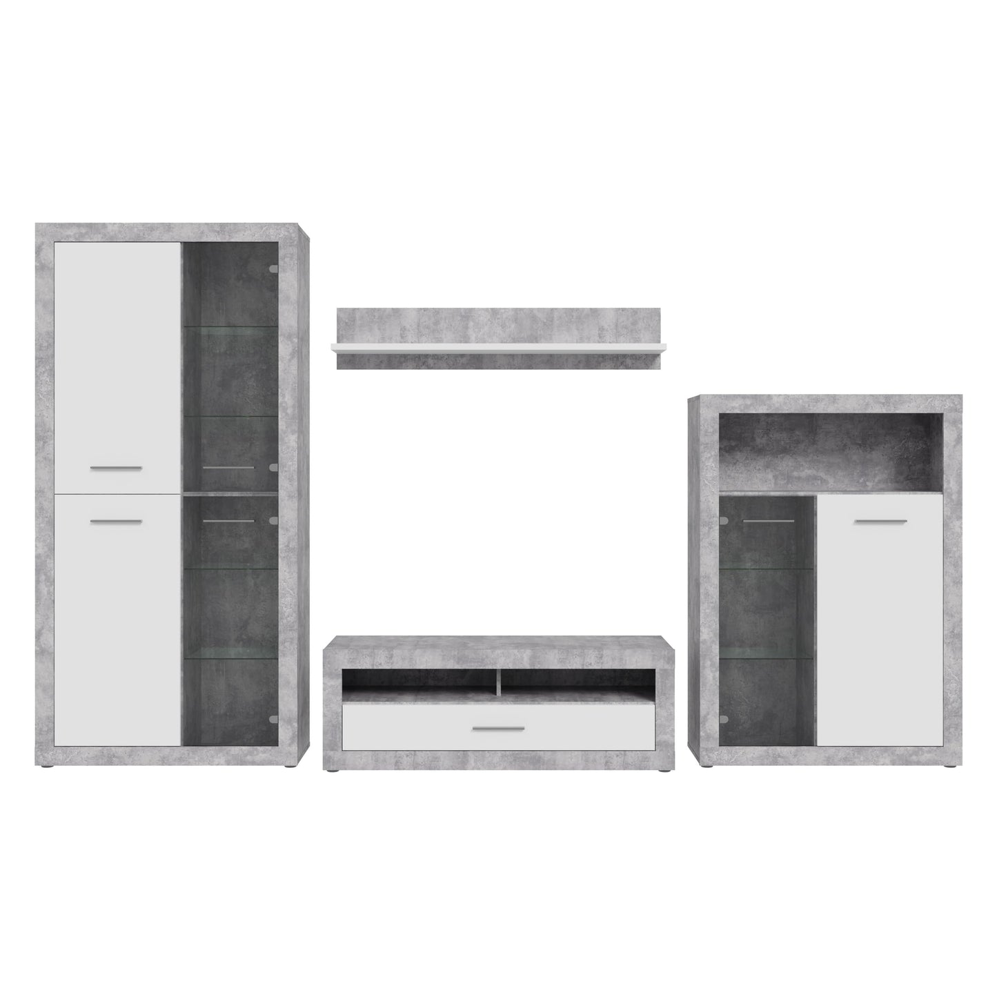 Forte Finley 330 Modern Wall Unit with TV Cabinet, Display Cabinet, Wall Panel and Chest of Drawers, Composite Wood, White with Concrete Look Accents, 328.4 cm Wide x 193.7 cm High x 41 cm Deep
