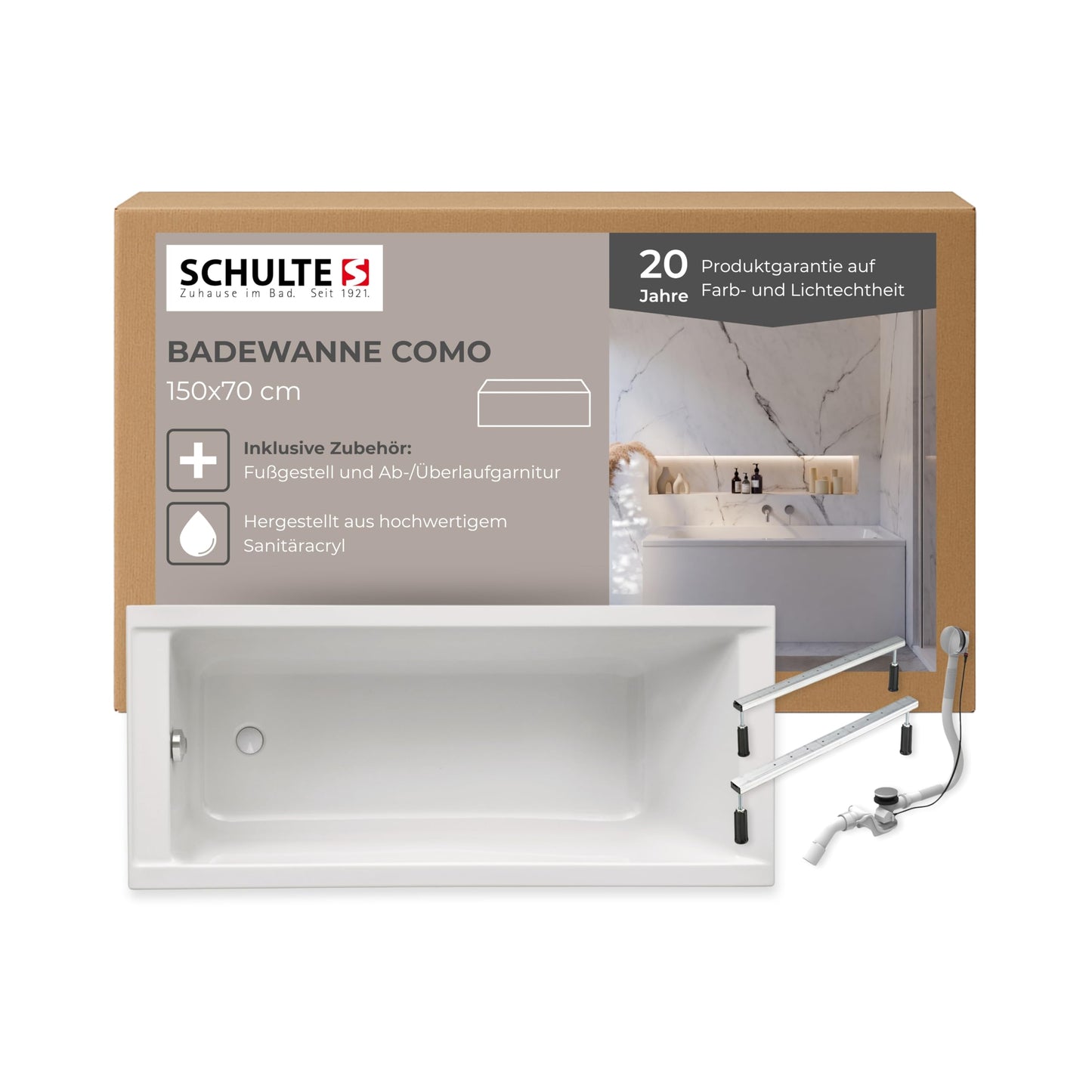 Schulte Como Bathtub 150 x 70 cm Complete with Bath Support and Drain Made of High-Quality Acrylic in Glossy White