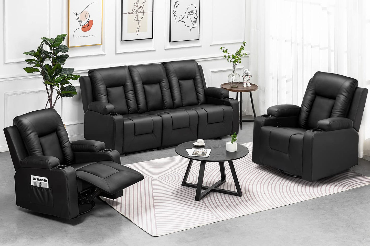 COMHOMA Relaxsessel-Set, Sofa, Sofa-Set aus Kunstleder, Fernsehsessel Ruhesessel Liegesessel mit Liege-Funktion Polstersessel Schlafsessel für Wohnzimmer Schlafzimmer Heimkino,Schwarz, 3+2+1