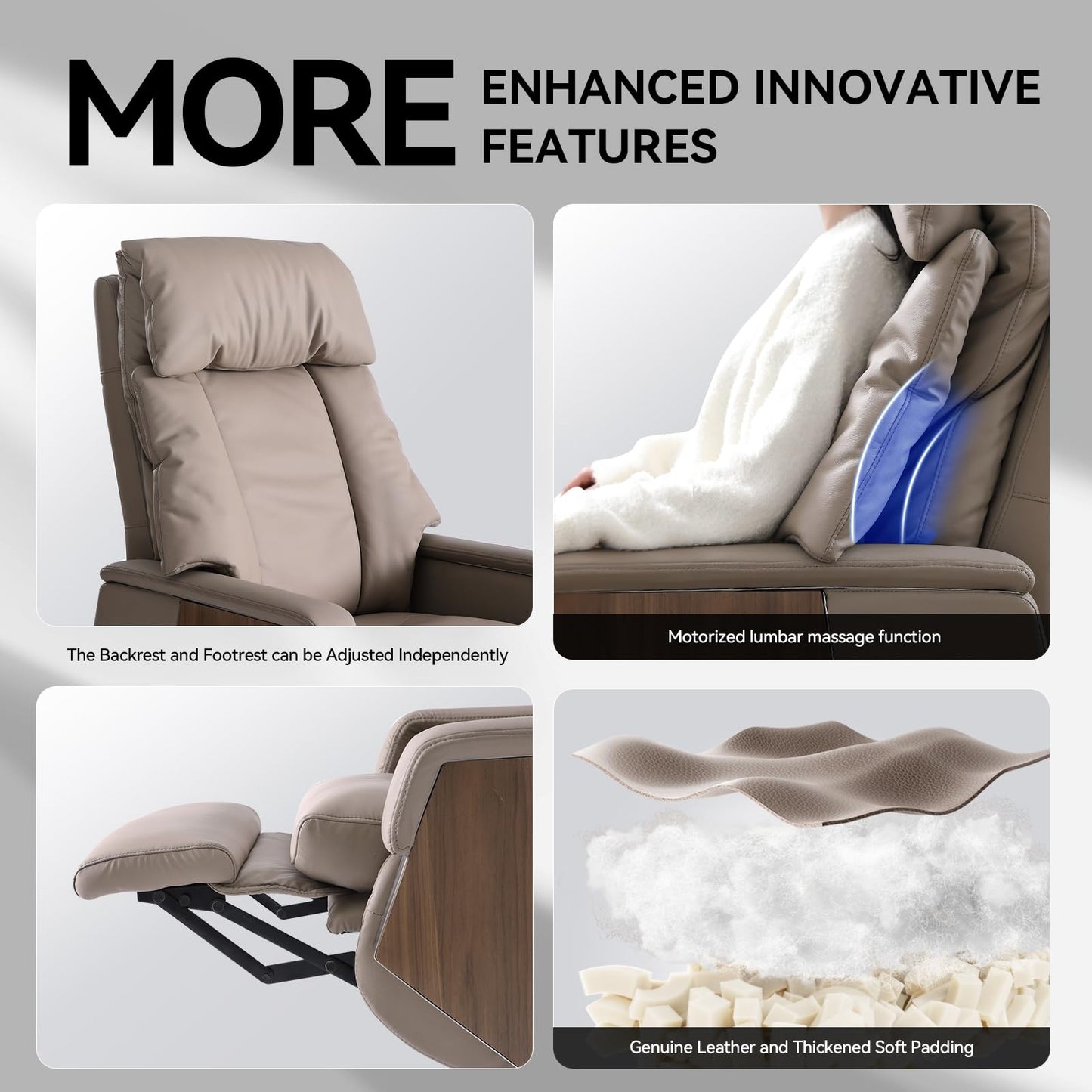 EMIAH Executive Massage Chefsessel M032-1 Liegefunktion Bürostuhl mit Armlehne Ergonomischer Schreibtischstuhl mit Fußstütze und Lendenwirbelstütze Elektrischer Rollender Leder Computerstuhl (Khaki)