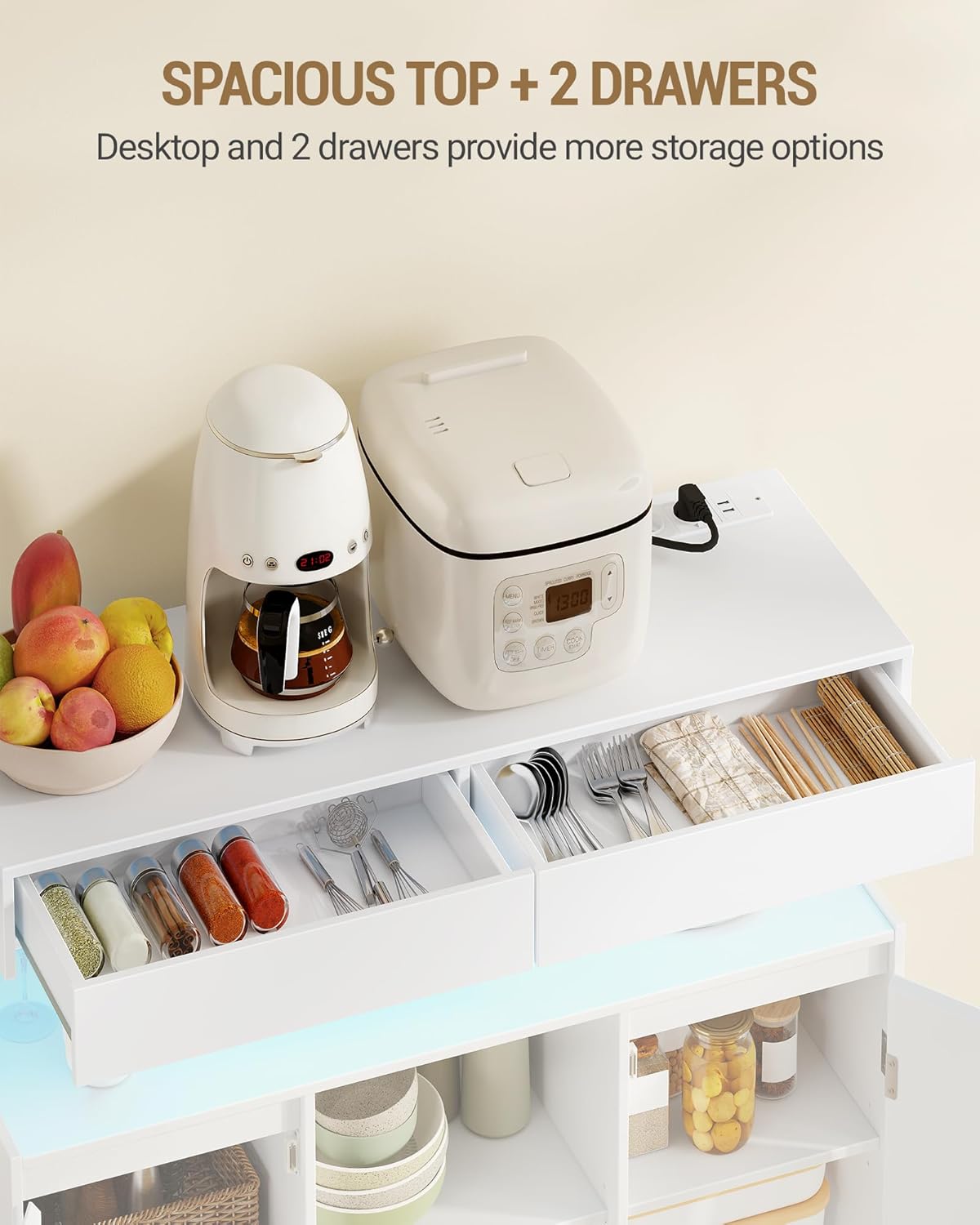 Hzuaneri SC64903X Sideboard, Kitchen Cabinet with Power Strip and LED Light, Storage Cabinet, 2 Drawers and 2 Doors, Adjustable Shelves, Buffet Cabinet, Dining Room, Kitchen, 35 x 100 x 85 cm, White