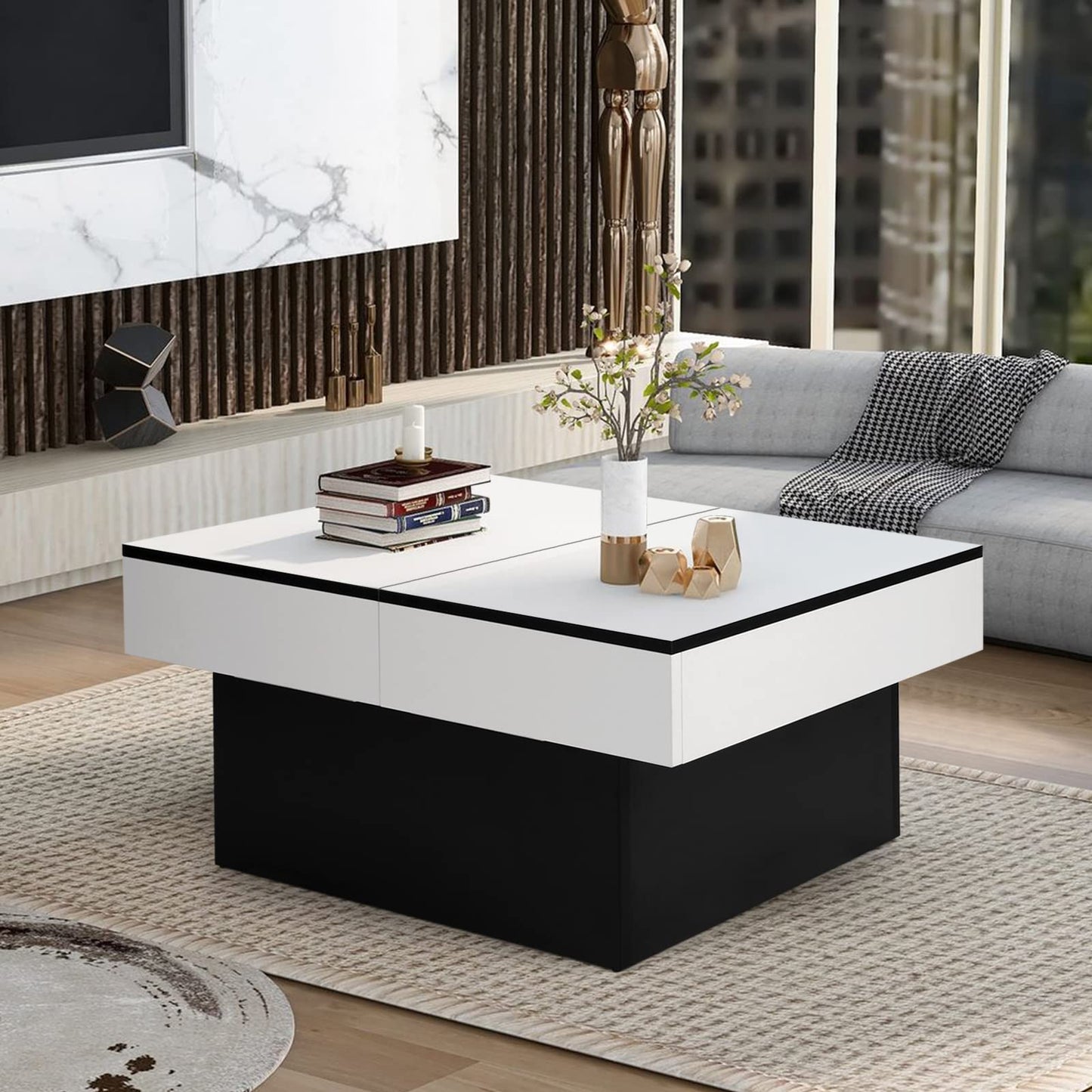 Vowner Coffee Table, Modern Coffee Table, Extendable Desk, Living Room Table with 2 Storage Spaces, High Gloss Finish, 114 x 58 x 40 cm, White Marbling