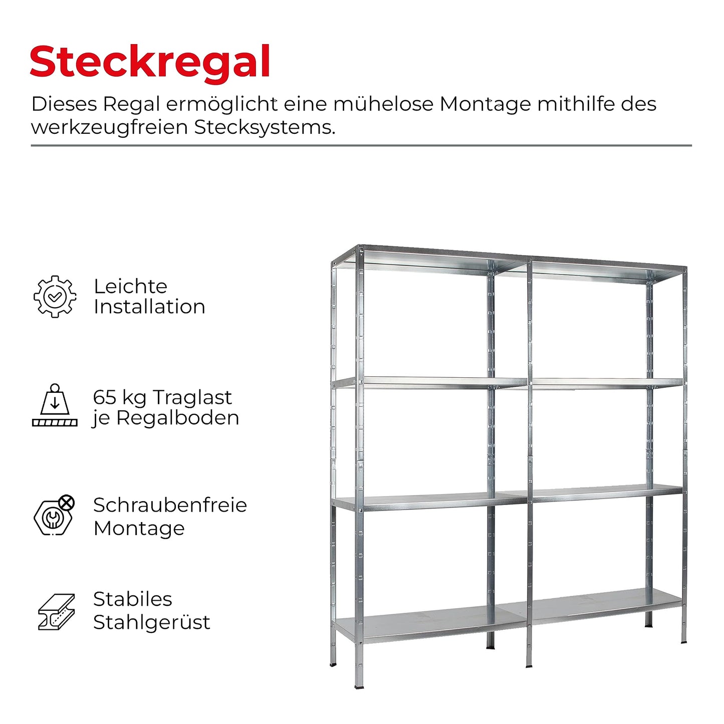 Schulte set of 2 shelving rack galvanised metal 180x160x40 cm storage/display shelf, system with 8 metal shelves, load capacity 520 kg, easy installation, slot system, no screws, silver, 4056397004455