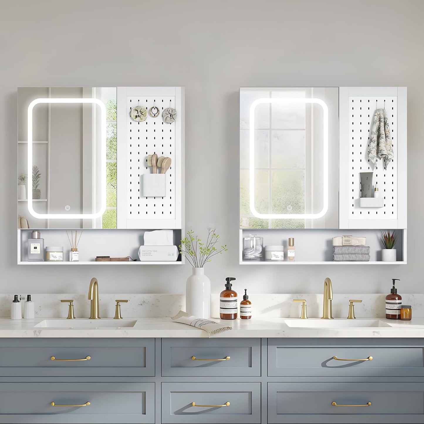 Pamapic Bathroom Mirror Cabinet with Lighting, Bathroom Cabinet with Mirror, Wall Cabinet Bathroom with Pegboard & Adjustable Shelves, Cabinet with Bathroom Mirror, 3 Colours, Dimmable, White