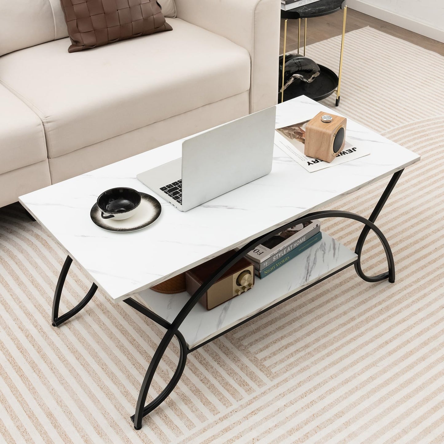 GIANTEX Coffee Table Marble Black, Coffee Table, Tea Table, 2 Shelves, Living Room Table, Modern Sofa Table, Tea Table, 100 x 50 x 45 cm, Accent Table with Metal Legs, Side Table with Marble Look