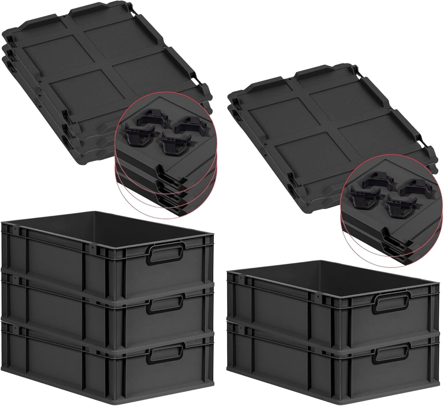 PROREGAL Economy Set of 5 Eurobox NextGen Colour with Lid and Sliding Snap Fasteners, H x W x D 22 x 30 x 40 cm, 20 L, Black, Closed Handles, Euro Container, Transport Box, Transport Container