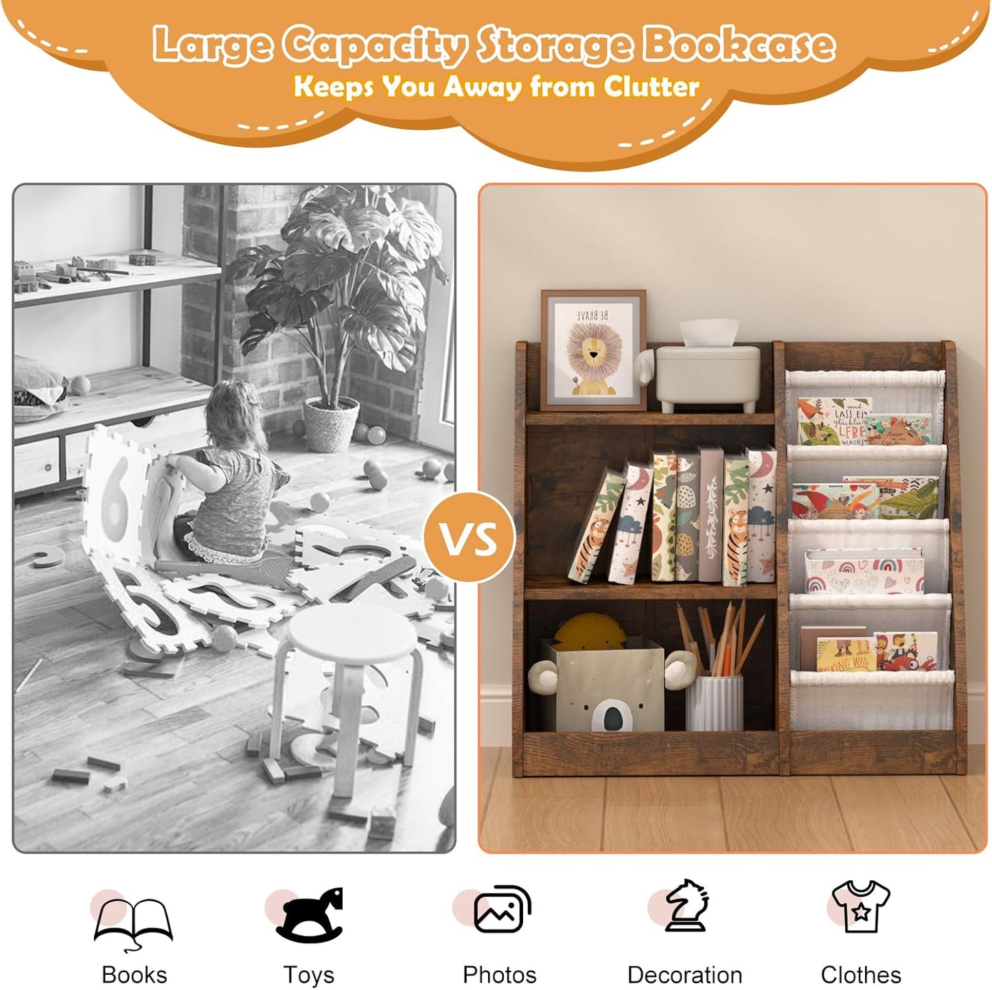 Children's Shelf, White with 5 Shelves and 4 Open Compartments, Bookcase for Children, Toy Organiser, 90 x 40 x 80 cm