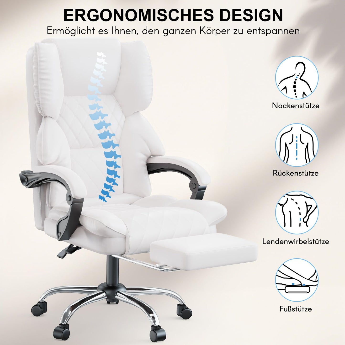 naspaluro Executive Office Chair with Footrest, Ergonomic Desk Chair, PU Leather Computer Chair with Padded Armrests and Soft Headrest Tilt Function, Height Adjustable Swivel Chair, Black