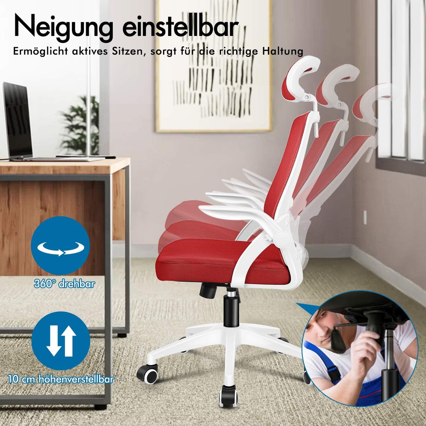 ALFORDSON Ergonomic Office Desk Chair, Computer Chair with Dynamic Lumbar Support, Tilting Swivel Chair with Flip Up Armrest, Black