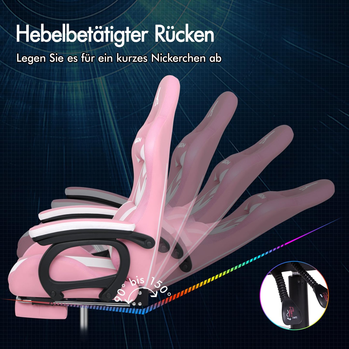 ALFORDSON Gaming Stuhl mit 8-Punkt Massage 12 Farben RGB LED-Licht, Bürostuhl Ergonomisch mit fußstützen, Kopfstütze Lendenkissen für Kinder Erwachsene, Schwarz