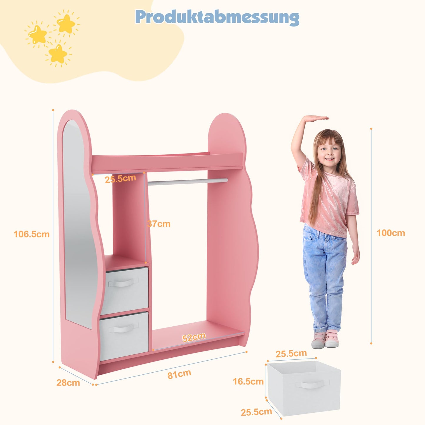 Children's Clothes Rack with Mirror, Clothes Rail with Shelves, Children's Wardrobe Wood, Children's Shelf for Children's Room, 81 x 28 x 106.5 cm (Clouds with 2 Drawers, White)