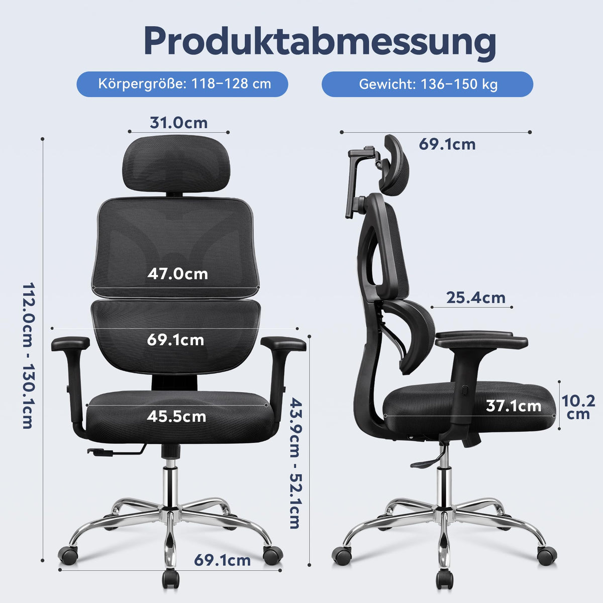 DEVAISE Ergonomic Office Chair with Adjustable Lumbar Support, High Backrest, Adjustable 3D Headrest, 5D Armrests, Rocker Function, Desk Chair for Office and Home Office, up to 180 kg, Black