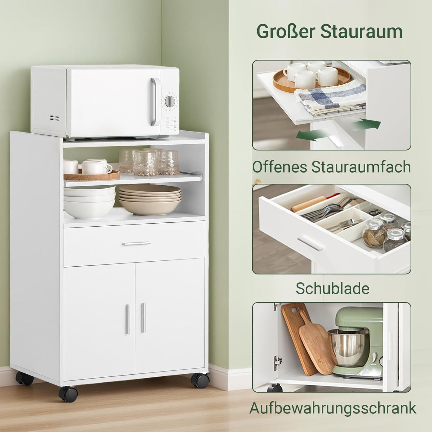 SoBuy® FSB09-W Kitchen Cupboard, Kitchen Trolley, Rolling Cabinet, Drinks Trolley, Microwave Cabinet with One Sliding Shelf, White W x H x D approx. 59 x 92 x 40 cm