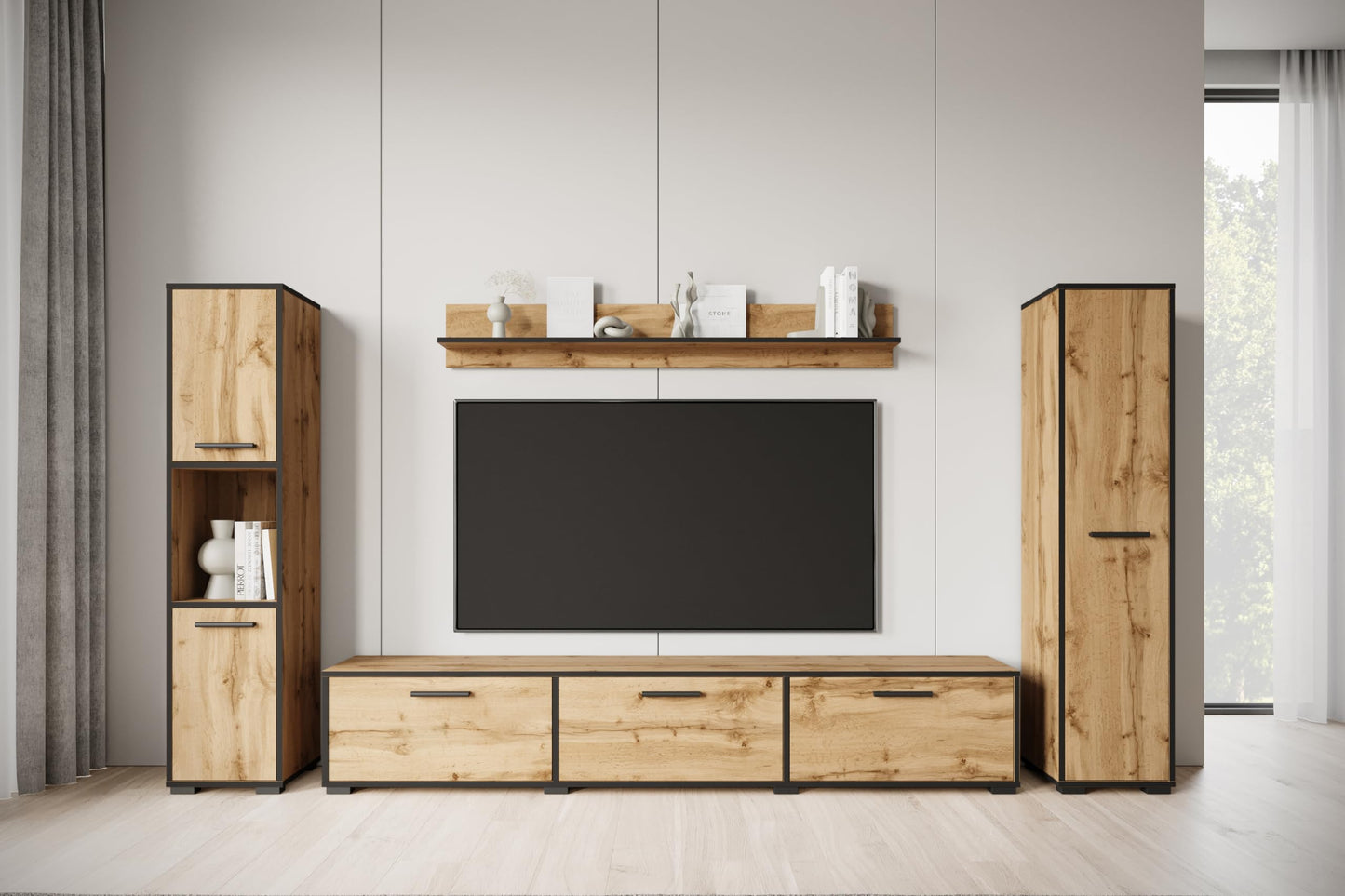 MINIO go for it - Living Room Wall Unit 4-Piece Toga, Living Room Furniture Set, 1 x TV Lowboard, 2 x Tall Cabinet, 1 x Wall Board, Living Room Furniture Complete, Living Room Set - Colour Wotan Oak