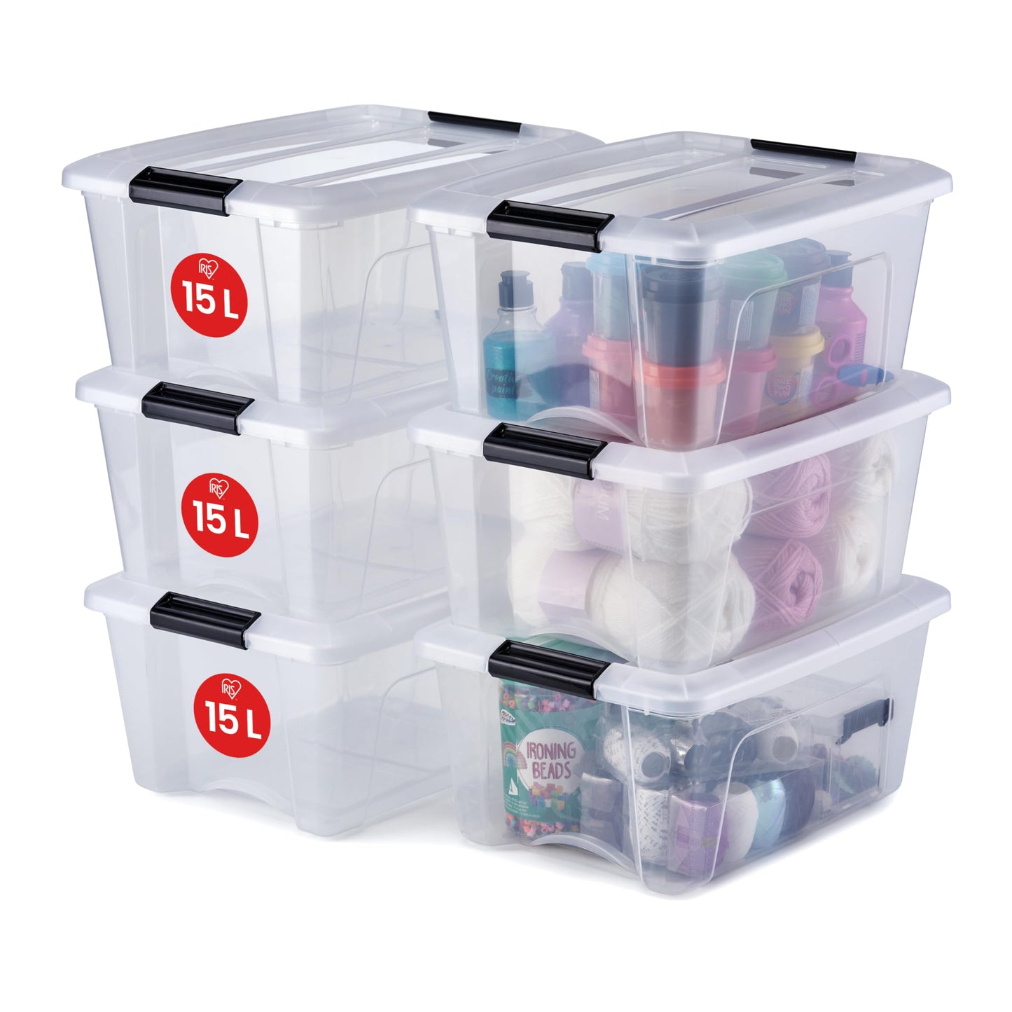 Iris Ohyama Storage Box with Lid, 80L, Set of 4, Transparent, Snap Latches with Handles, Stackable, Strong & Durable, for Clothes, Garage, Home, Office, Plastic Box, Storage TB-84D