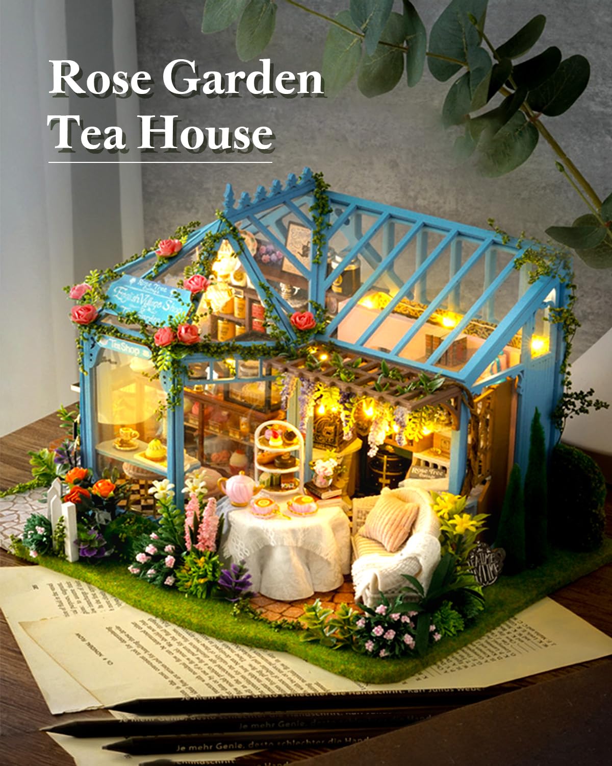 Endless Limit DIY Miniatur Haus Bausatz für Erwachsene,Puppenhaus Gewächshaus mit LED Licht,3D Puzzle Buchstütze aus Holz Modellbausatz Bastelset Bücherregal Deko Geschenken (Rose Garden Tea House)