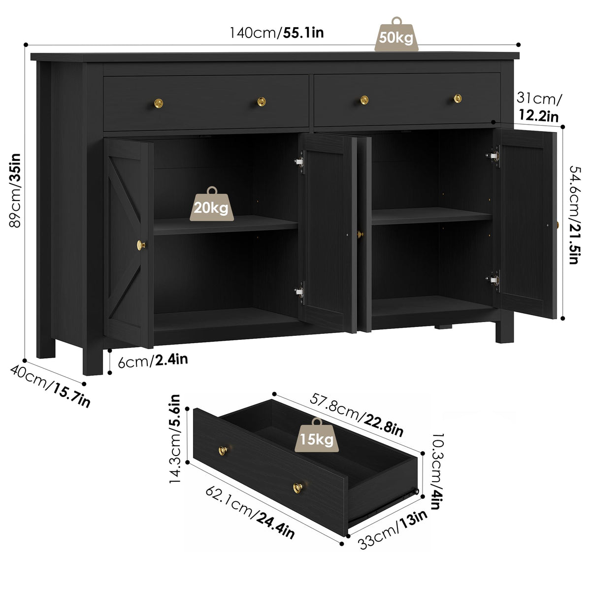 FirFurd Sideboard 140 cm Wide Kitchen Cabinet with Worktop Buffet Cabinet with 2 Drawers 4 Doors Kitchen Buffet with Adjustable Shelves for Living Room Kitchen Dining Room 140 x 40 x 89 cm White