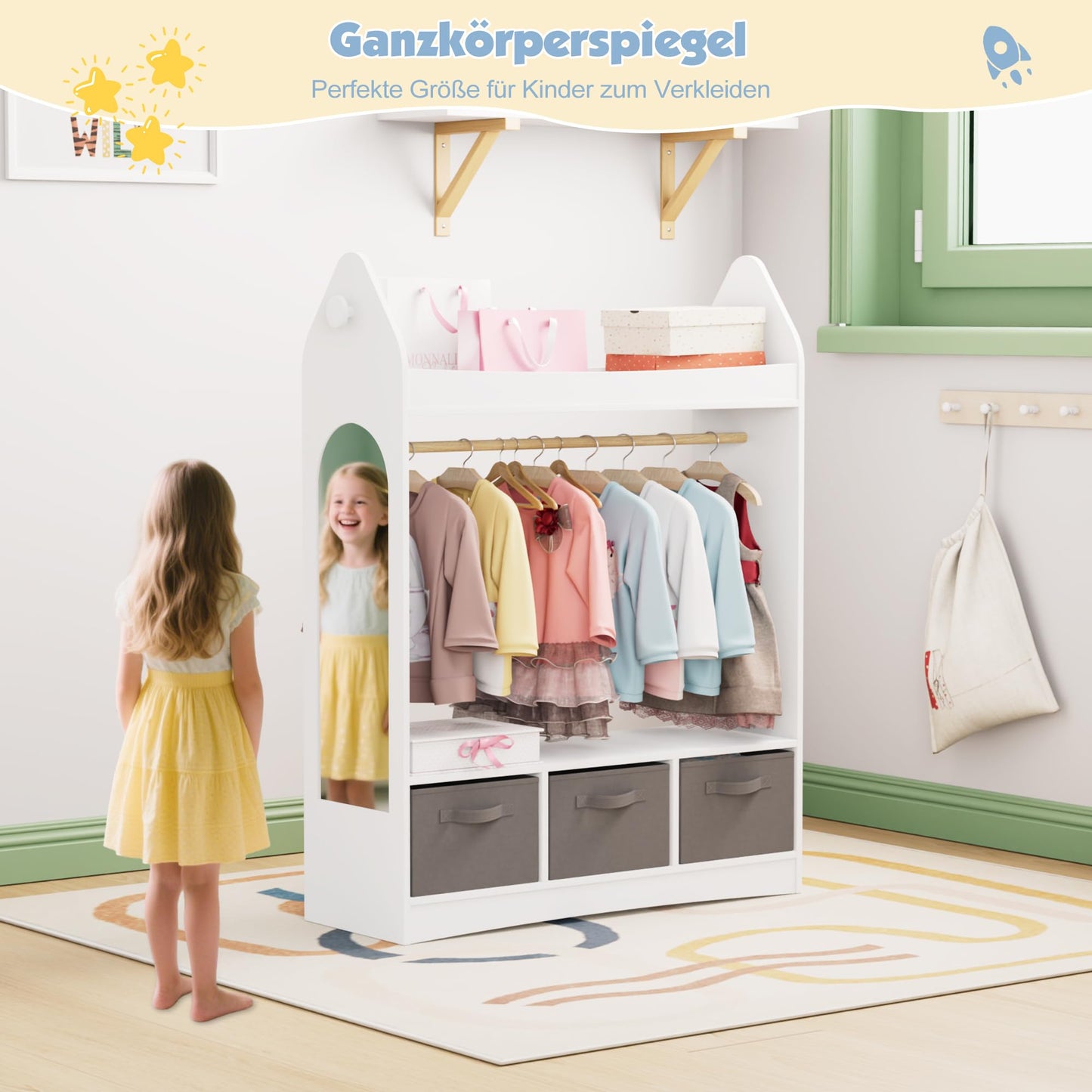 Children's Clothes Rack with Mirror, Clothes Rail with Shelves, Children's Wardrobe Wood, Children's Shelf for Children's Room, 81 x 28 x 106.5 cm (Clouds with 2 Drawers, White)