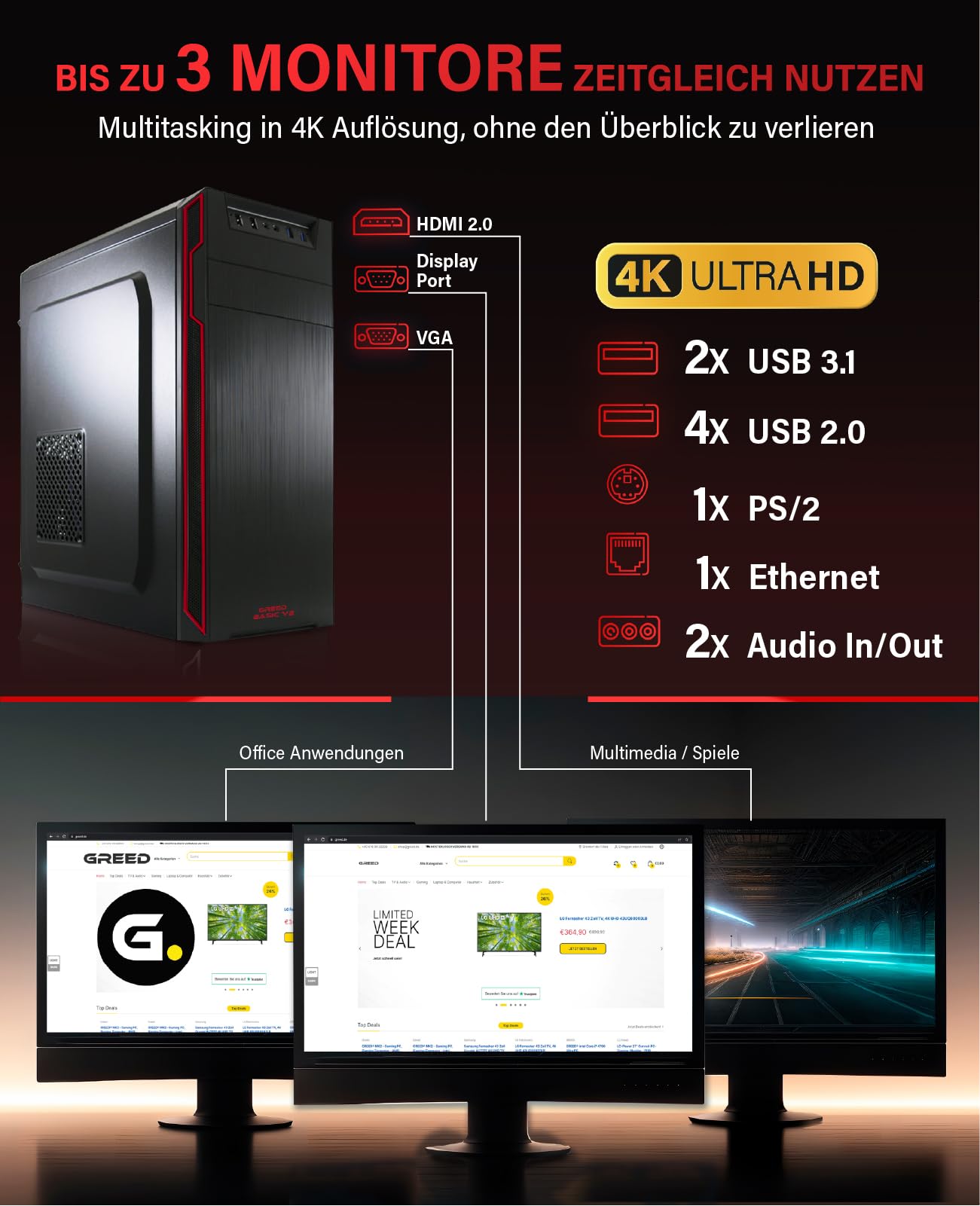 Greed® Ultra V2 PC mit Intel Core i7 12700F - Schneller Rechner - Computer für Büro & Home Office mit 4,8 GHZ - 32GB RAM/Arbeitsspeicher - 1TB SSD + 1TB HDD - DVD+RW - USB 3.1 - WLAN, inkl Win 11 Pro