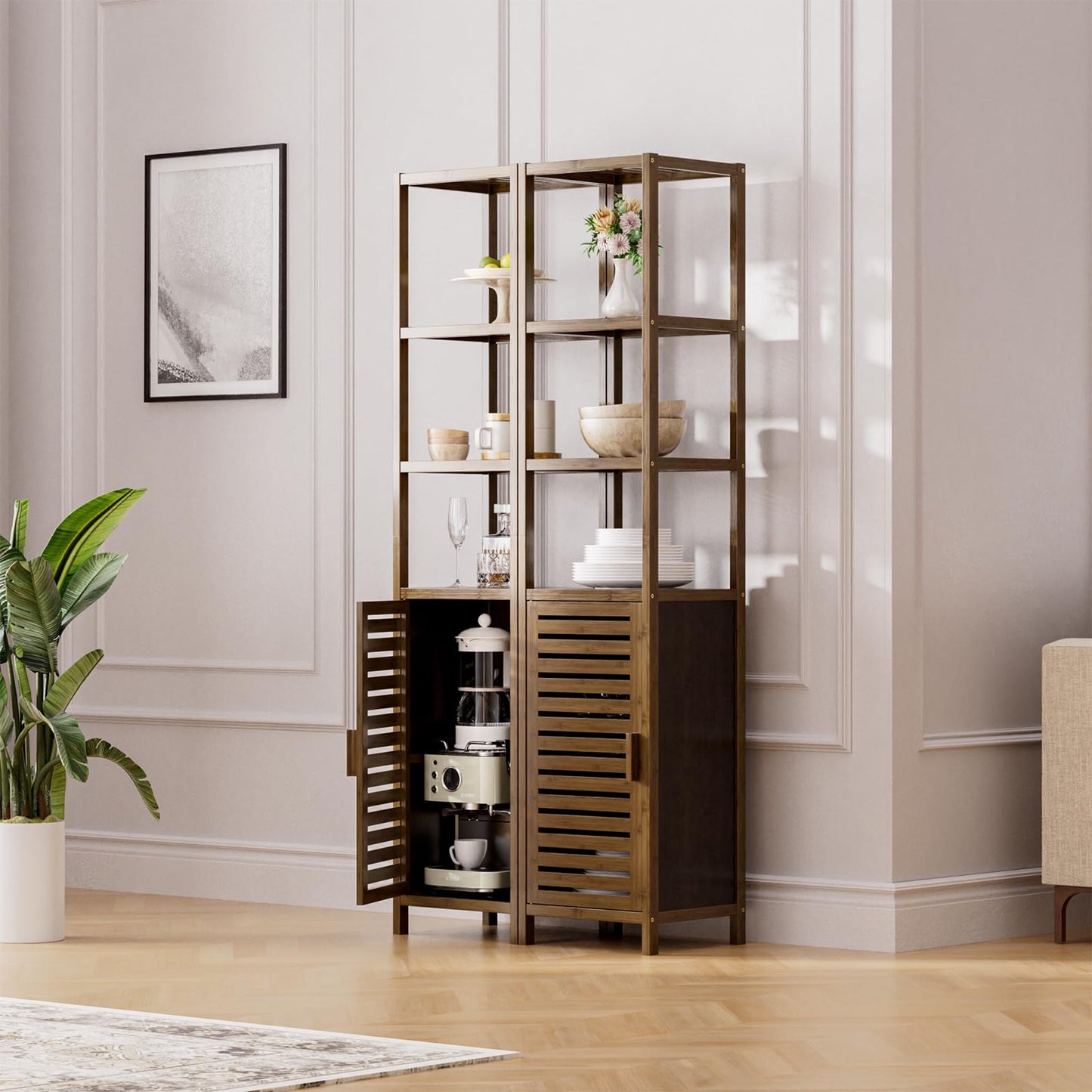 HITNET Bathroom Cabinet Bamboo Black Bathroom Cabinet Tall Cabinet Narrow Freestanding Floor Standing with Open Shelf and Single Door