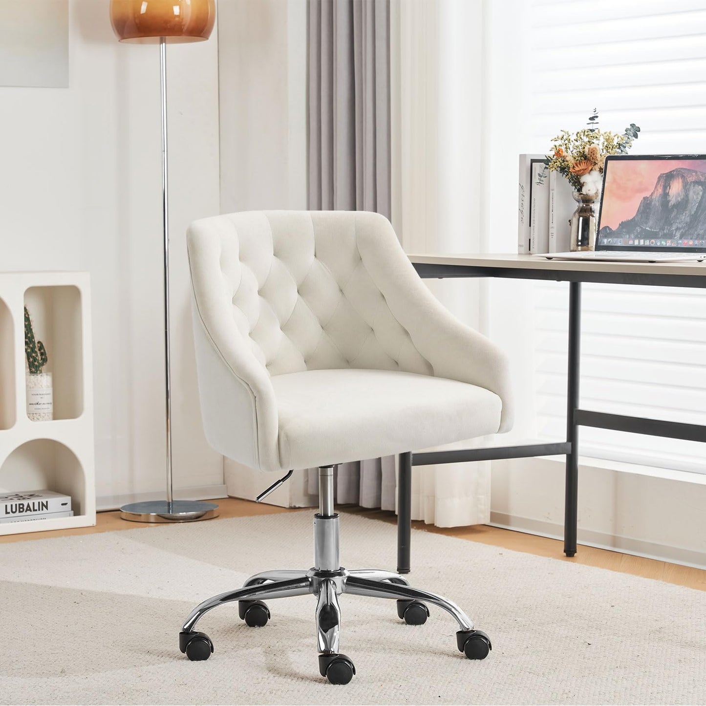 Velvet Office Chair, Home Office Chair, Desk Chair with Wheels, Dressing Table Chair, Height Adjustable, for Study, Office, Bedroom, Maximum Load 135 kg (Grey)