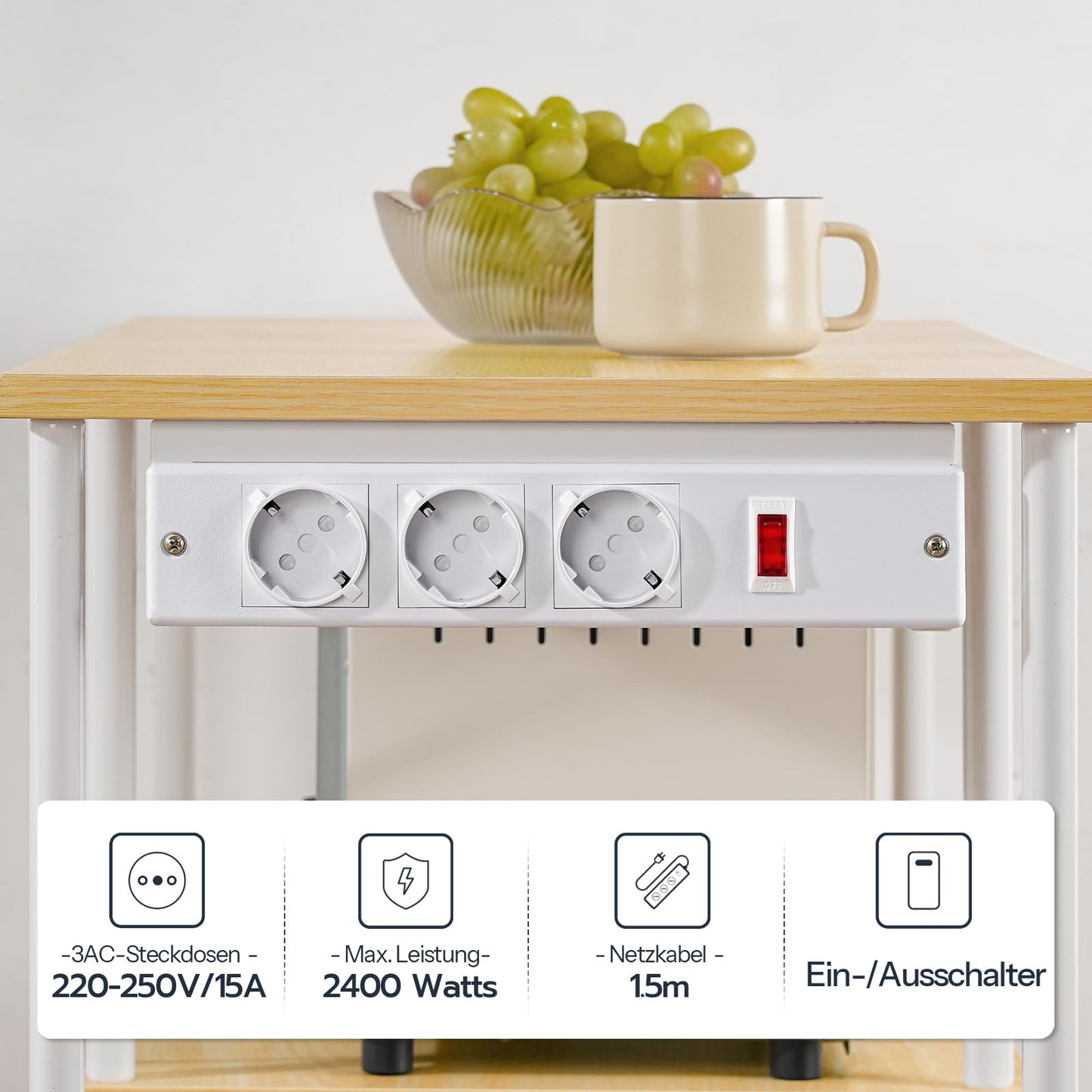 HOOBRO EBF07CHB01 Kitchen Shelf, Standing Shelf with Sockets, Baker's Rack with 5 S-Hooks, Microwave Shelf, 38 x 80 x 86 cm, Vintage Brown and Black