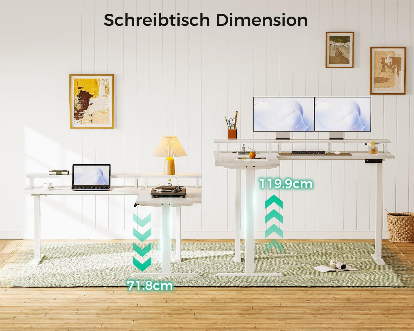 OffiGo Height Adjustable Desk, 150 x 120 cm, Corner Desk, Height Adjustable with Monitor Holder, Electric Desk, L Shape with Sockets, Computer Desk with LED Light Strip for Office, White