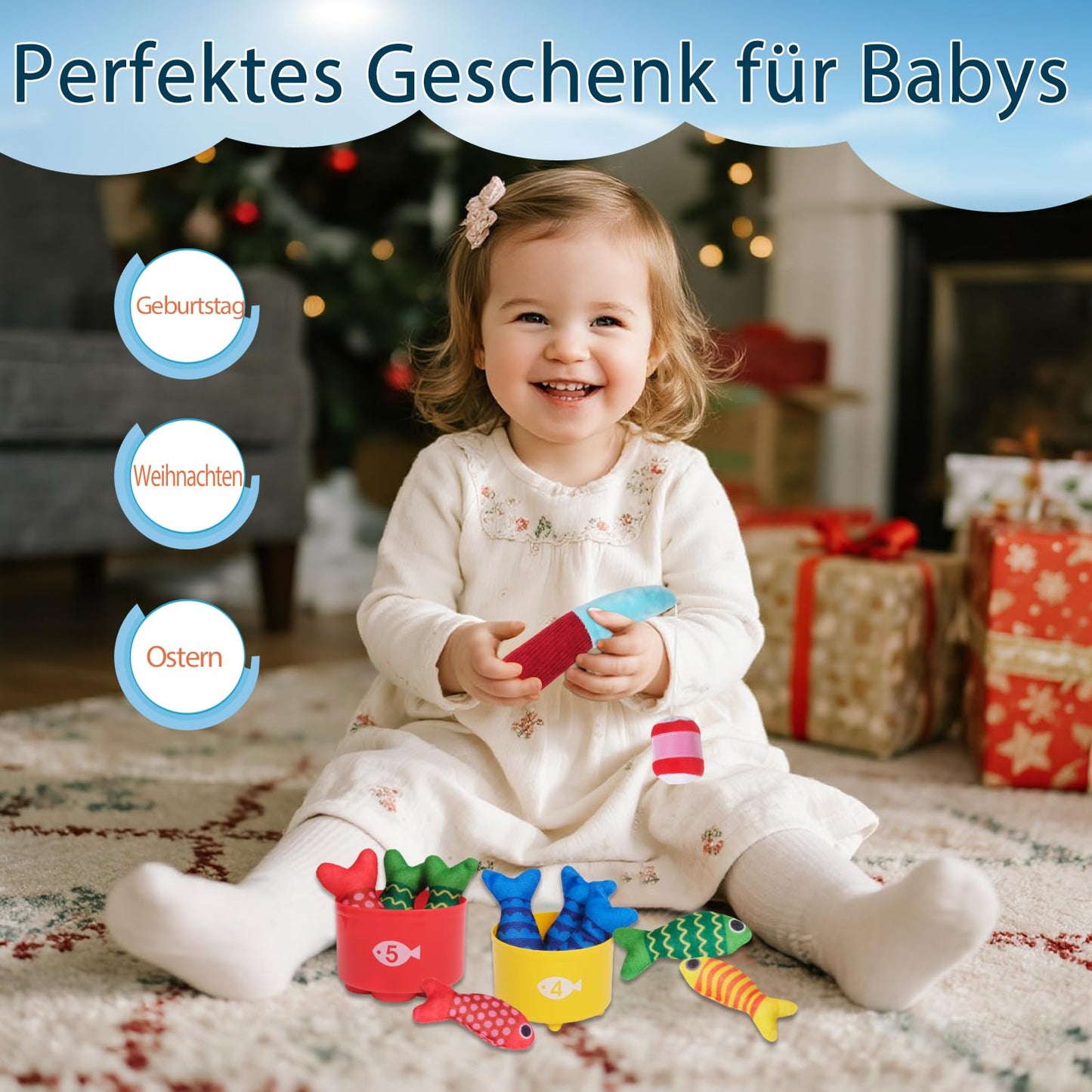 TenFans Montessori Fishing Game from 1 Year Made of Fabric - With Stacking Cups & Colour Sorting Set - First Birthday Gift - Travel Learning Toy with Sensory Activity