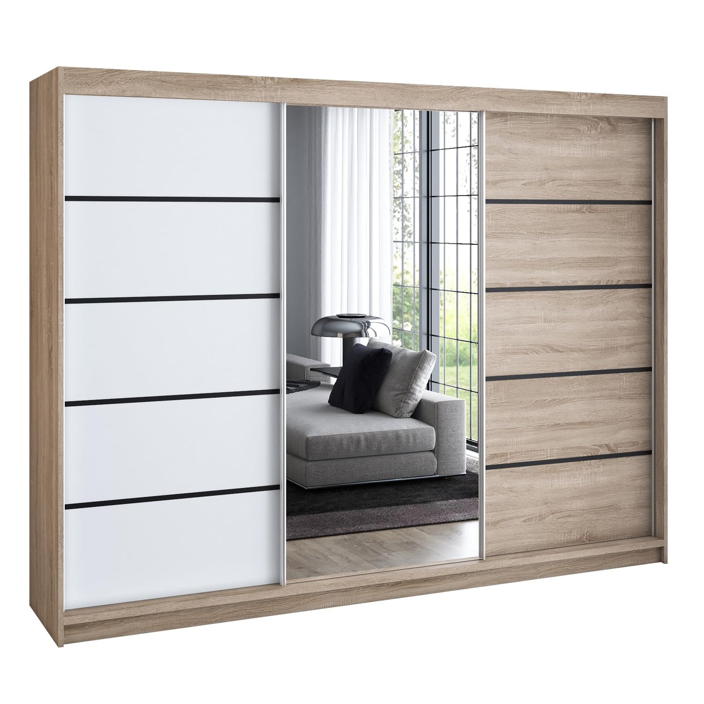 A&J MöbelLand Schwebetürenschrank VILANO 2, 3-türig Schrank 200 cm Kleiderschrank mit 4 Schubladen, und Spiegel (Weiß, Schwarz, Somona) (Schwarz/schwarz/schwarz)