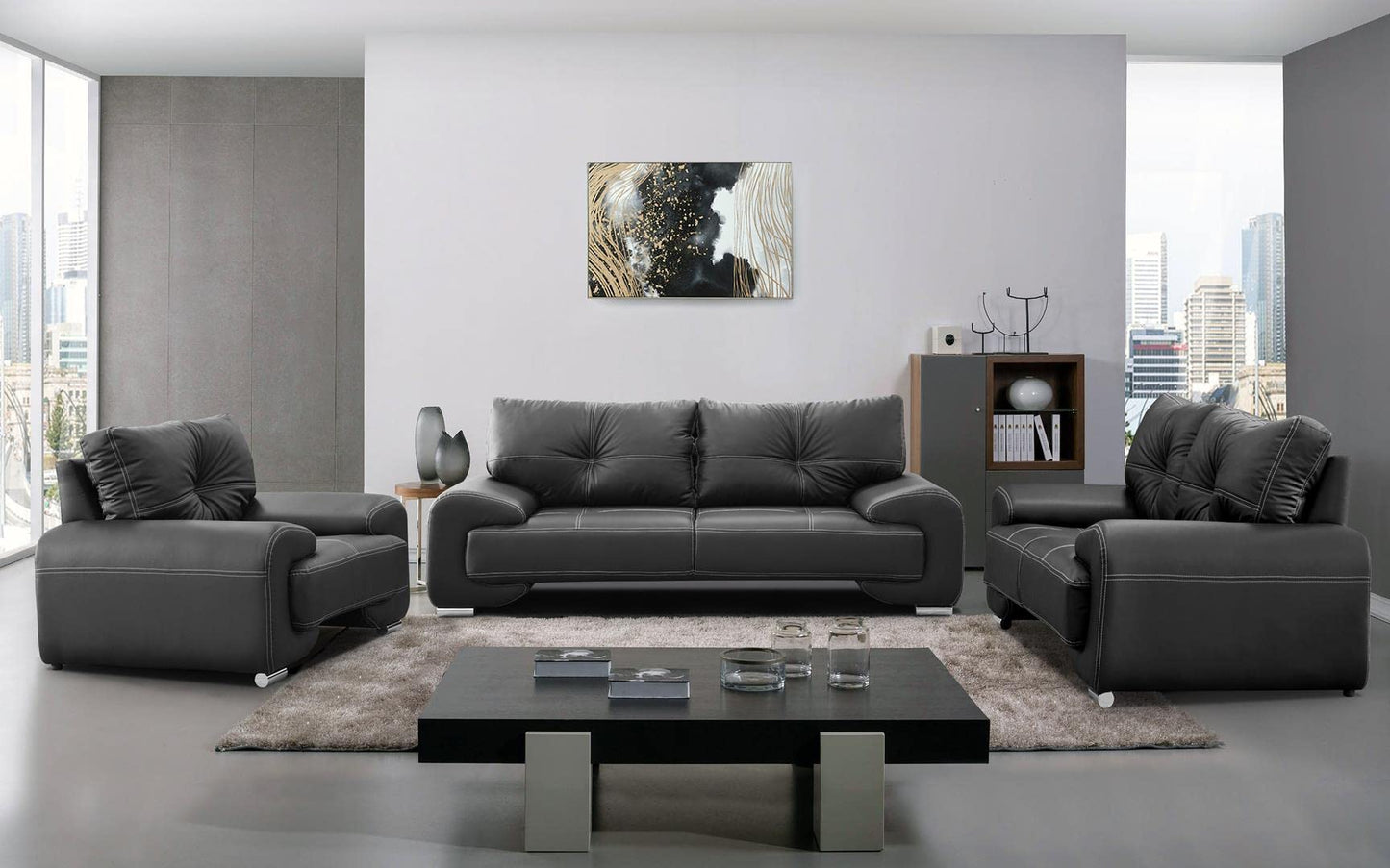 Mars Meble Big-Sofa OME_321 Omega Upholstered Set 3+2+1 Sofa Living Room Sofa Set 3-Piece Couch (Black), 225 x 98 x 88 cm, 185 x 98 x 88 cm, 128 x 98 x 88 cm