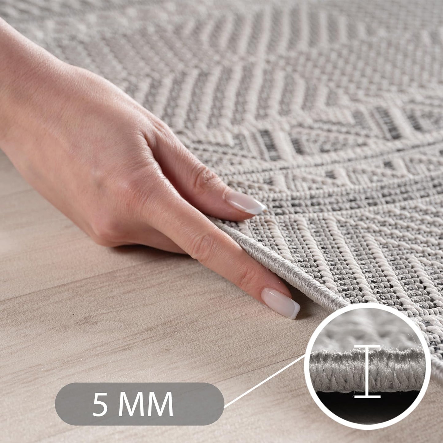 SIMPEX Outdoor Teppich Wetterfest Beige 140x200 cm, UV-beständig, ideal für Küche, Balkon, Terrasse, Garten Wohnzimmer Esszimmer, Skandinavisches Boho-Design, Pfelgeleicht