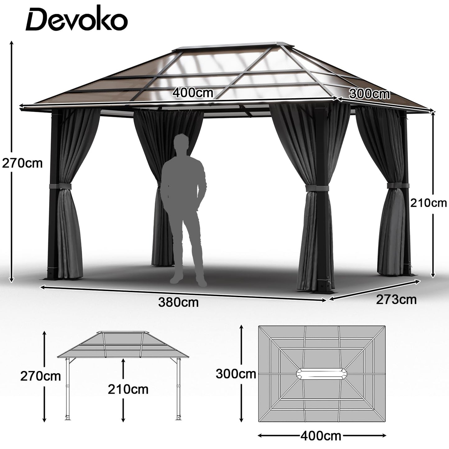 Devoko Gazebo 3 x 3 Waterproof Stable Winterproof Aluminium Garden Gazebo with Fixed Roof Protection UV Suitable for Outdoor Scenes Grey
