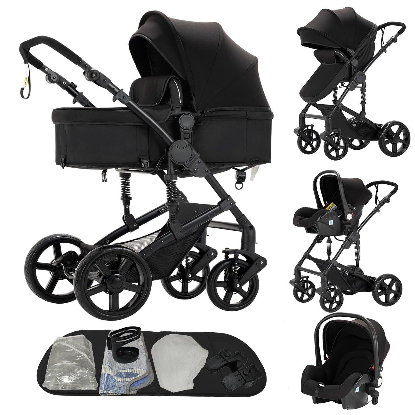PU Leather Pushchair 3-in-1, Buggy with One-Click Folding Design, Pushchair with Two Reversible Sliding Modes, Combination Pushchair 3-in-1 Complete Set Frame Aluminium Alloy (518 Black)