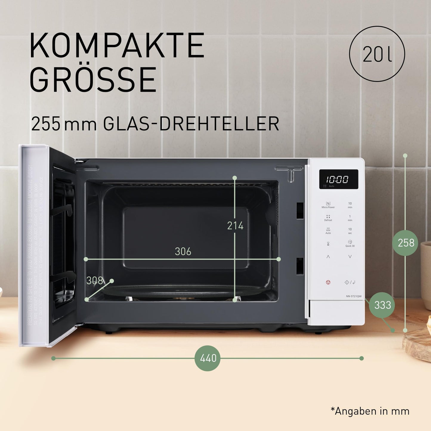 Panasonic NN-ST21QWEPG 20L Solo Microwave with Turntable, 800W, Automatic Defrost, 11 Automatic Programmes, LED Display, 5 Power Levels, Digital Timer, White