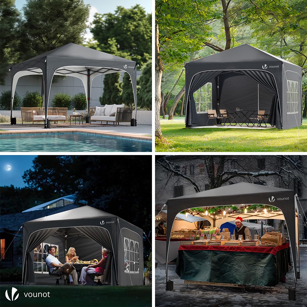 VOUNOT® Gazebo 3 x 3 m with 4 Side Panels and 4 Sand Bags, Pop Up Folding Gazebo, Waterproof, Foldable Garden Tent, Party Tent, Includes Bag, Grey