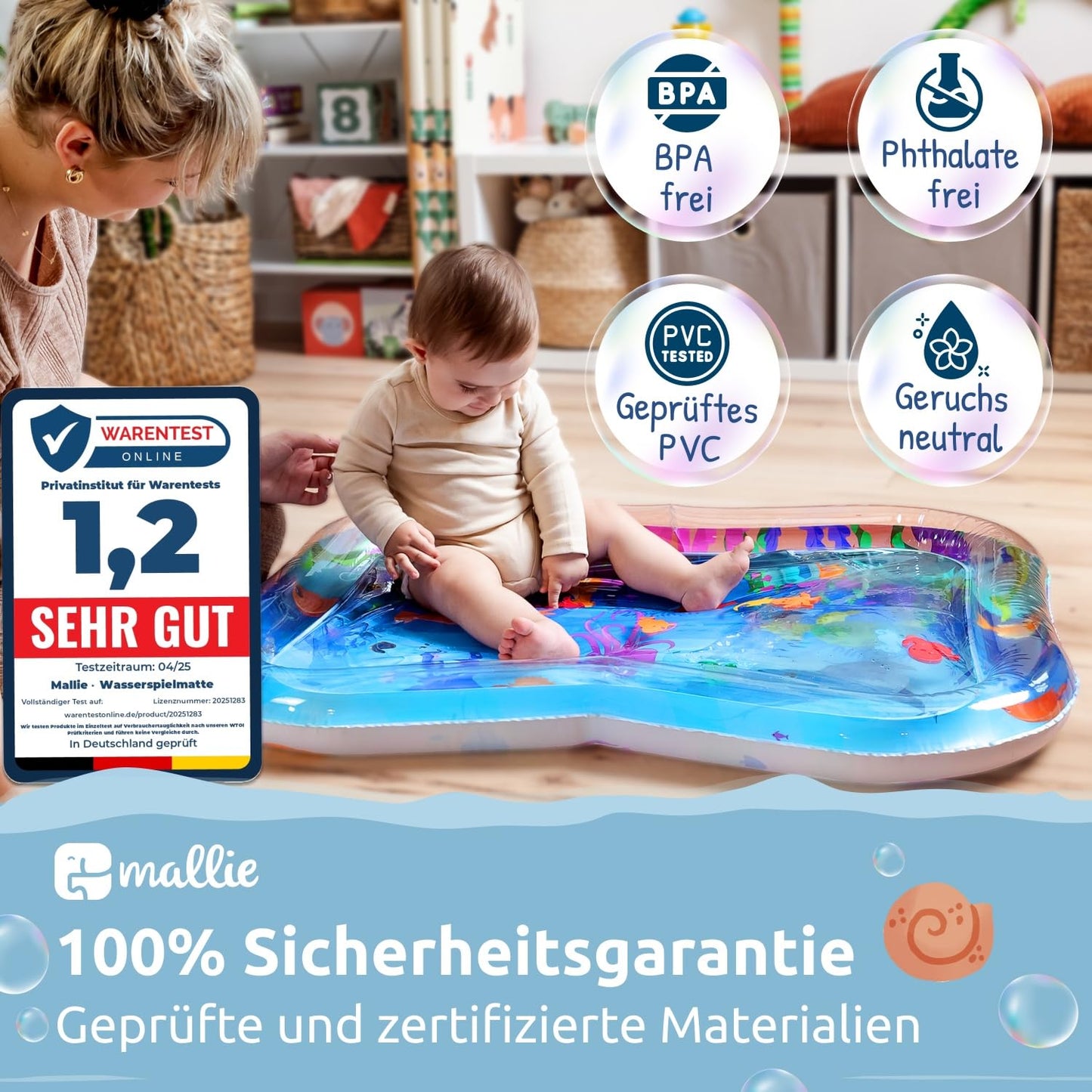 Mallie® Wassermatte Baby 66x50 CM [100% BPA & Schadstoff-Frei] ab 3, 6 und 9 Monate im Ozean Blau Design I Baby Spielzeug, Spielzeug Ab 6 Monate als Wassermatte Baby und Baby Spielzeug 6 Monate
