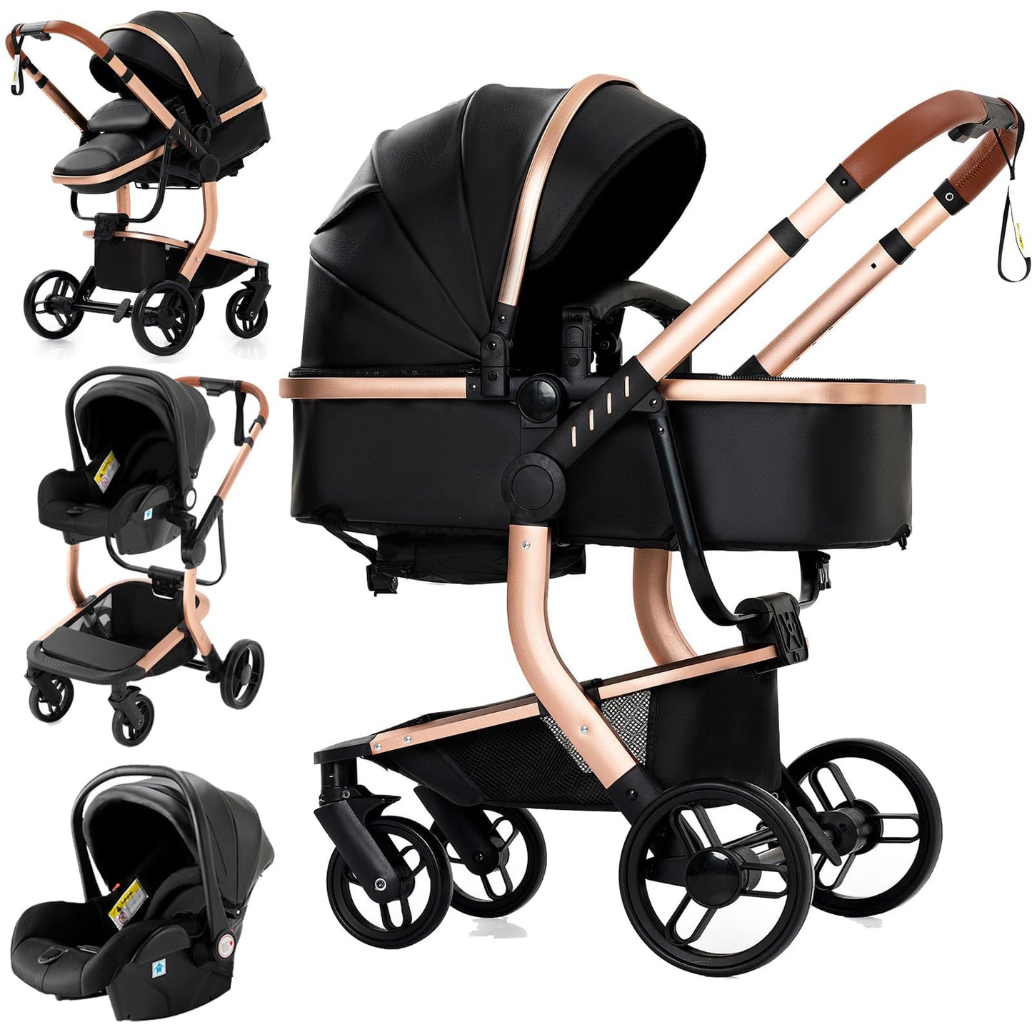 PU Leather Pushchair 3-in-1, Buggy with One-Click Folding Design, Pushchair with Two Reversible Sliding Modes, Combination Pushchair 3-in-1 Complete Set Frame Aluminium Alloy (518 Black)