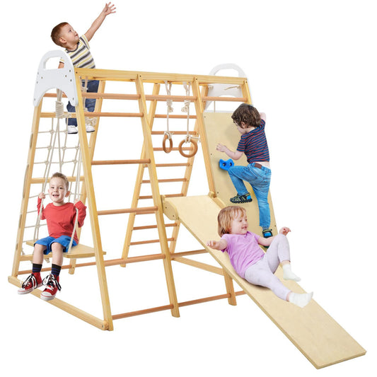 DREAMADE 8 in 1 Climbing Triangle Climbing Toy with Swing Ladder Slide Climbing Net Gym Rings Playground Indoor Wooden Climbing Frame for Sliding & Climbing for Children from 3 Years (Natural)