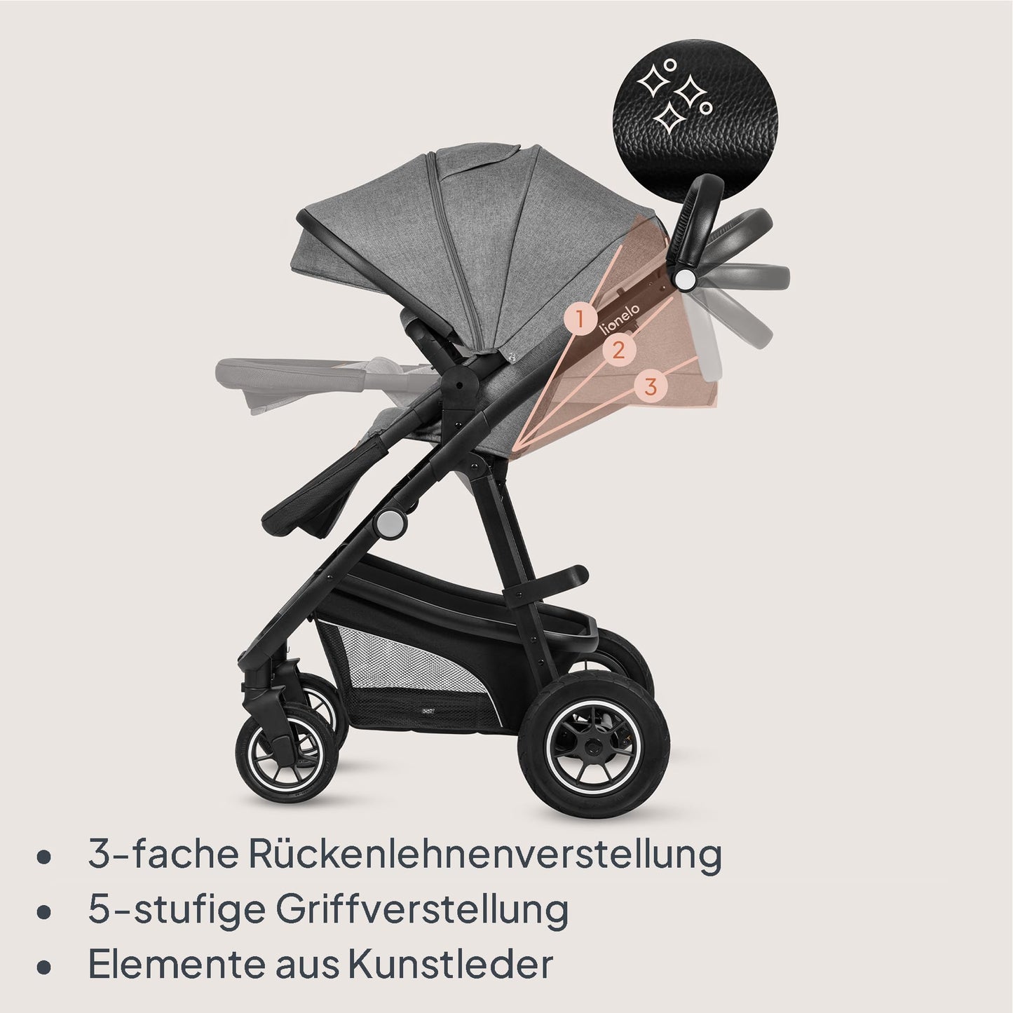 LIONELO Bianka Pushchair 3-in-1 up to 22 kg Baby Carrycot Car Seat Foldable Travel System Adjustment of the Backrest Wheels 360o Shock Absorber Hood XXL