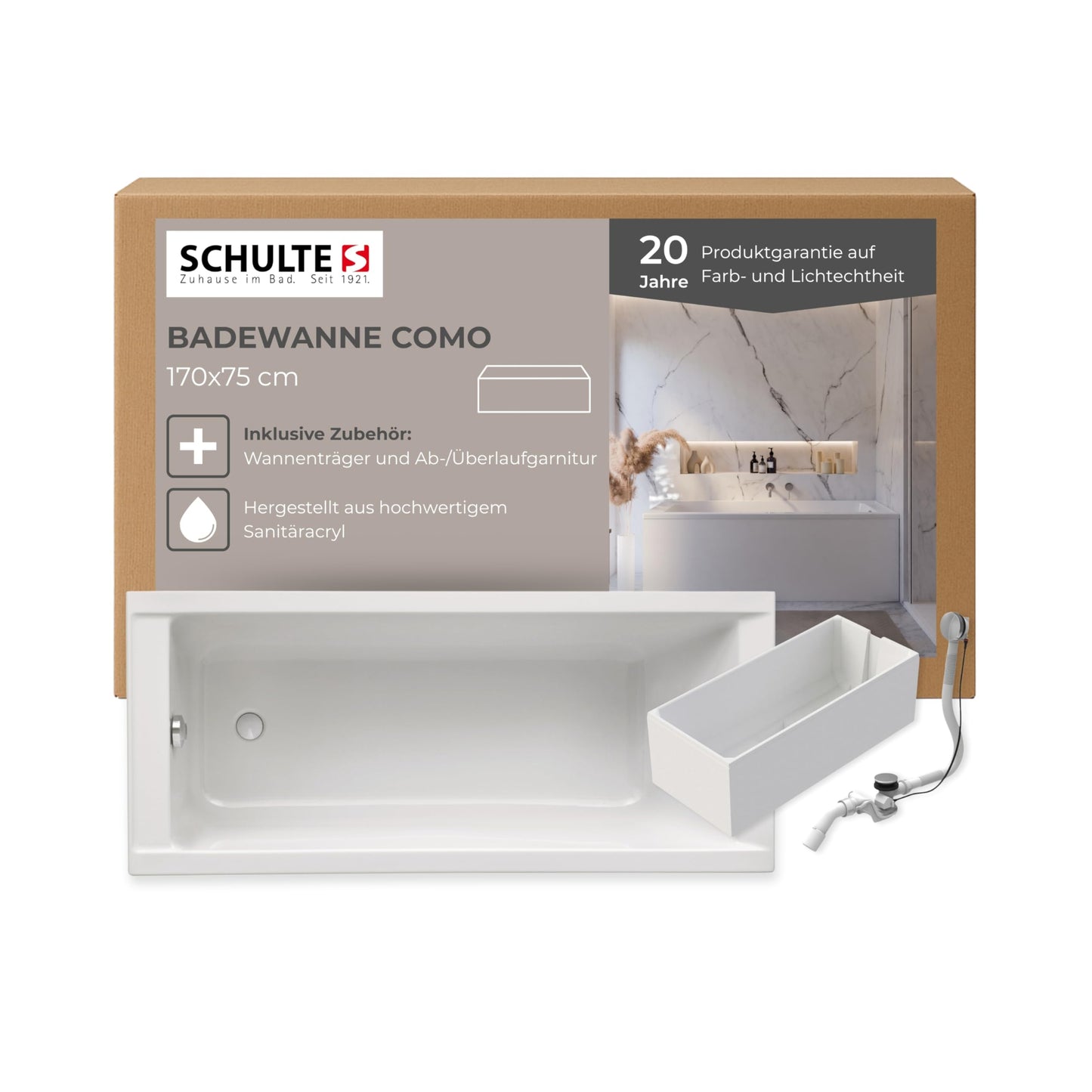 Schulte Como Bathtub 150 x 70 cm Complete with Bath Support and Drain Made of High-Quality Acrylic in Glossy White
