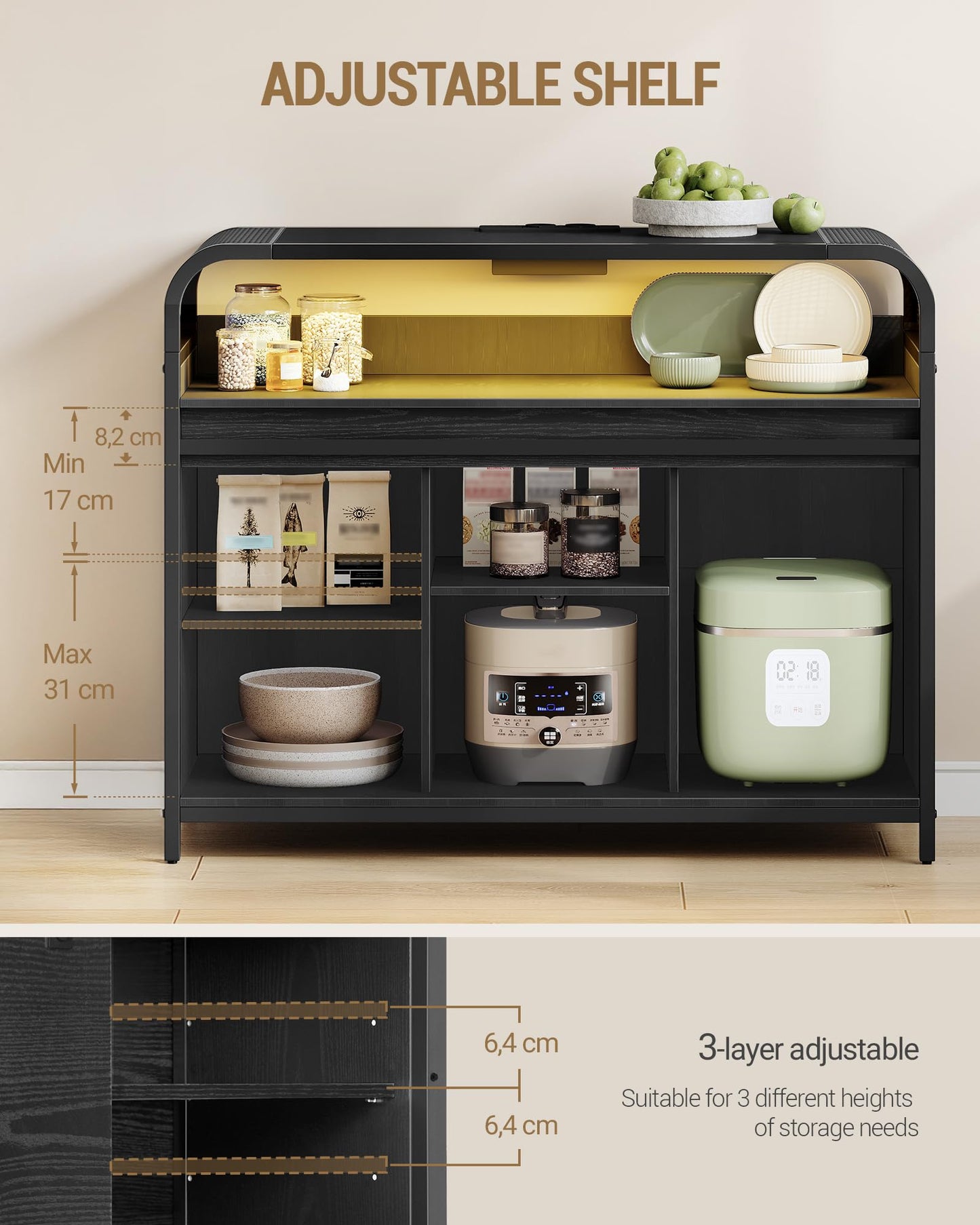 Hzuaneri SC00103WEU Kitchen Cabinet with LED Lighting, Sideboard with Power Strip, Storage Cabinet with 2 Sliding Doors, Adjustable Dividers, Kitchen, Dining Room, 35 x 100 x 80 cm, White