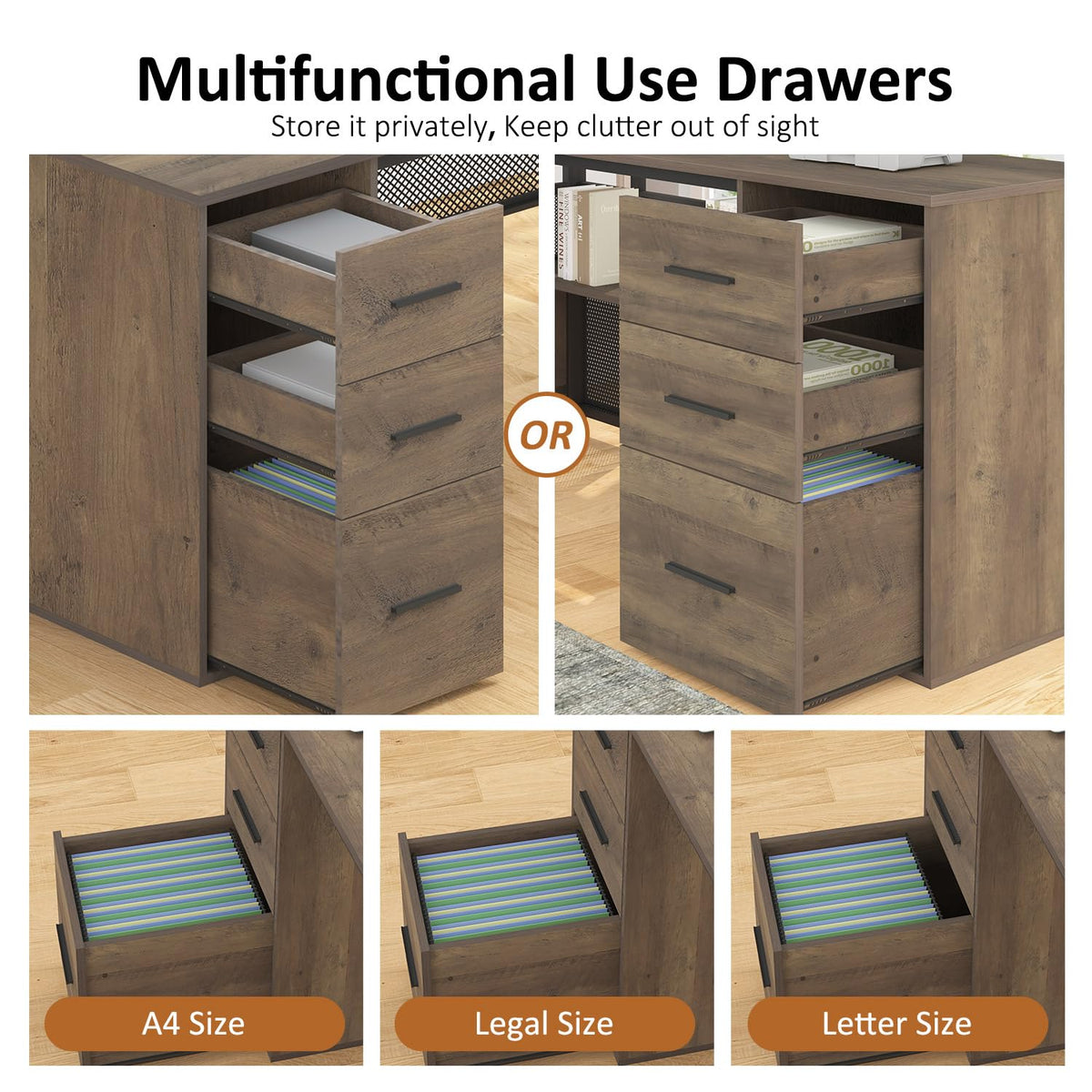 HSH L Shape Desk with Storage Space, Large Corner Desk, Computer Desk with Drawers and Shelves, Home Office, Bedroom, Metal, Wood Desks, Light Grey Oak, 150 cm