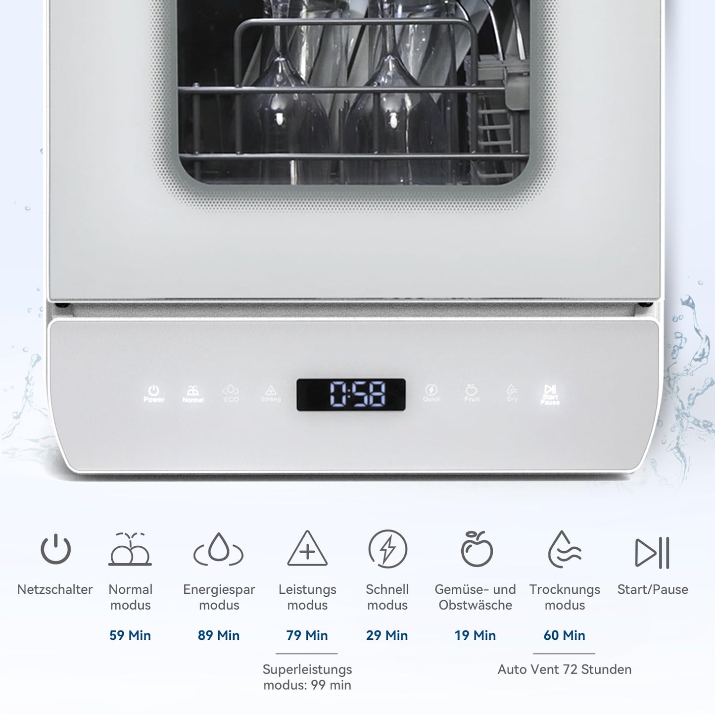 Mini Dishwasher for 3 Place Settings, Table Dishwasher with 7 Programmes with Drying Function, Can Be Used With/Without Water Connection, Dishwasher 4.8 L, Touch Control for Motorhomes, Homes