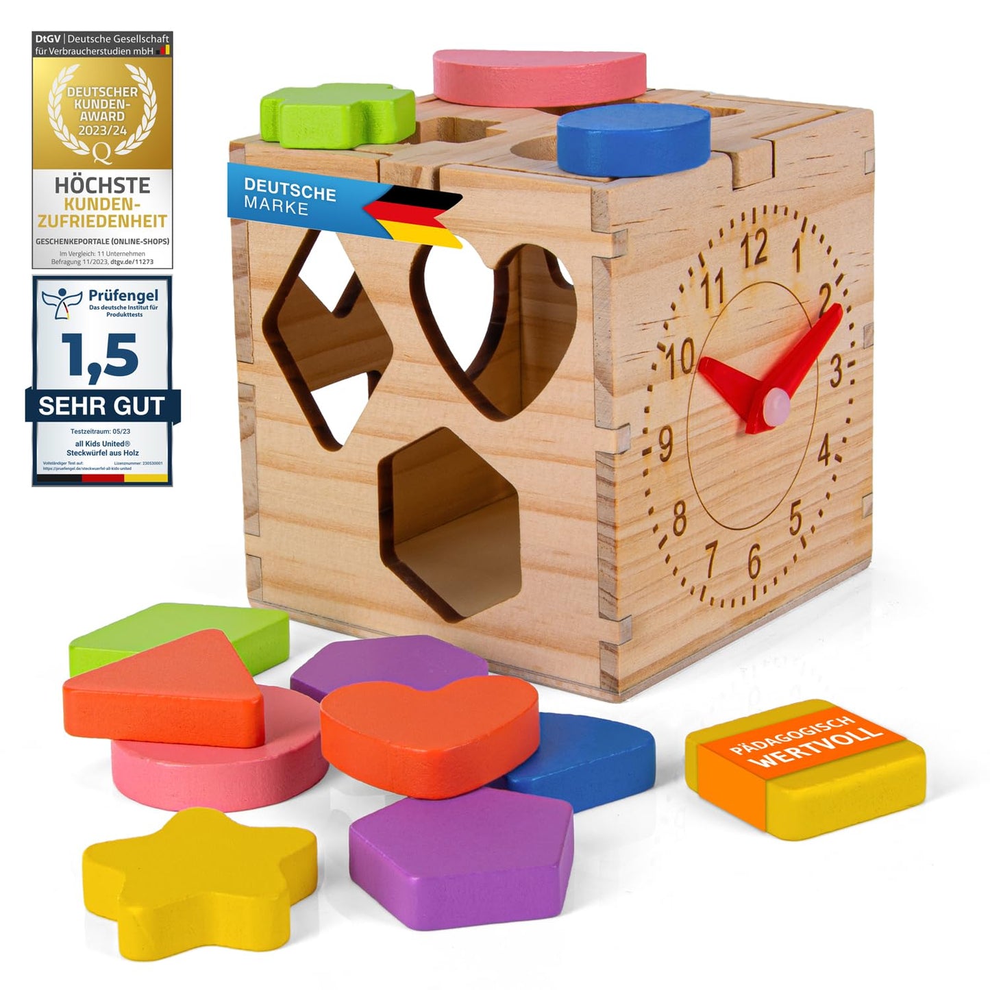 all Kids United® Wooden Cube Educational Toy Box Play Box for Baby & Toddler; Wooden Toy Puzzle Sorting Cube Trains Motor Skills Promotes Shape Recognition & Concentration