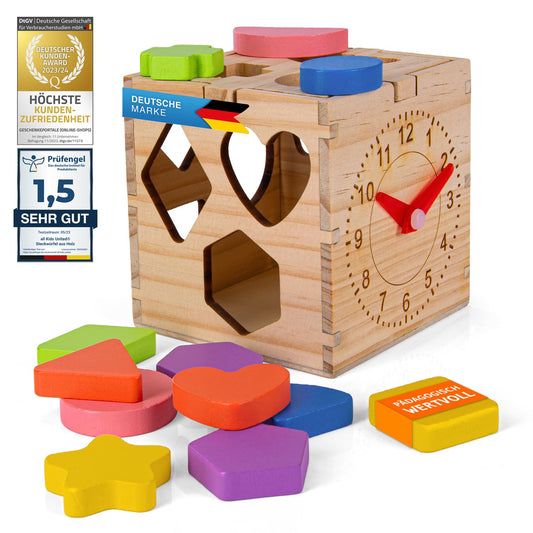all Kids United® Wooden Cube Educational Toy Box Play Box for Baby & Toddler; Wooden Toy Puzzle Sorting Cube Trains Motor Skills Promotes Shape Recognition & Concentration