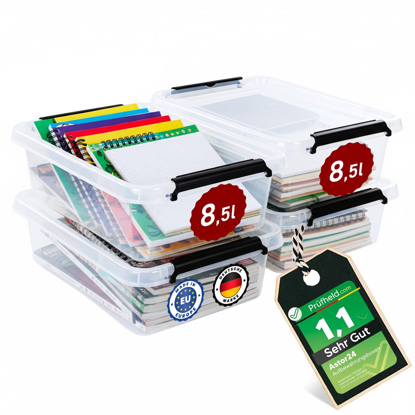 astor24 Storage Box with Lid - Transparent Organiser 40 L - Food Safe - Stackable. Ideal for Office, Children's Room, Clothes Boxes - Kitchen - Workshop