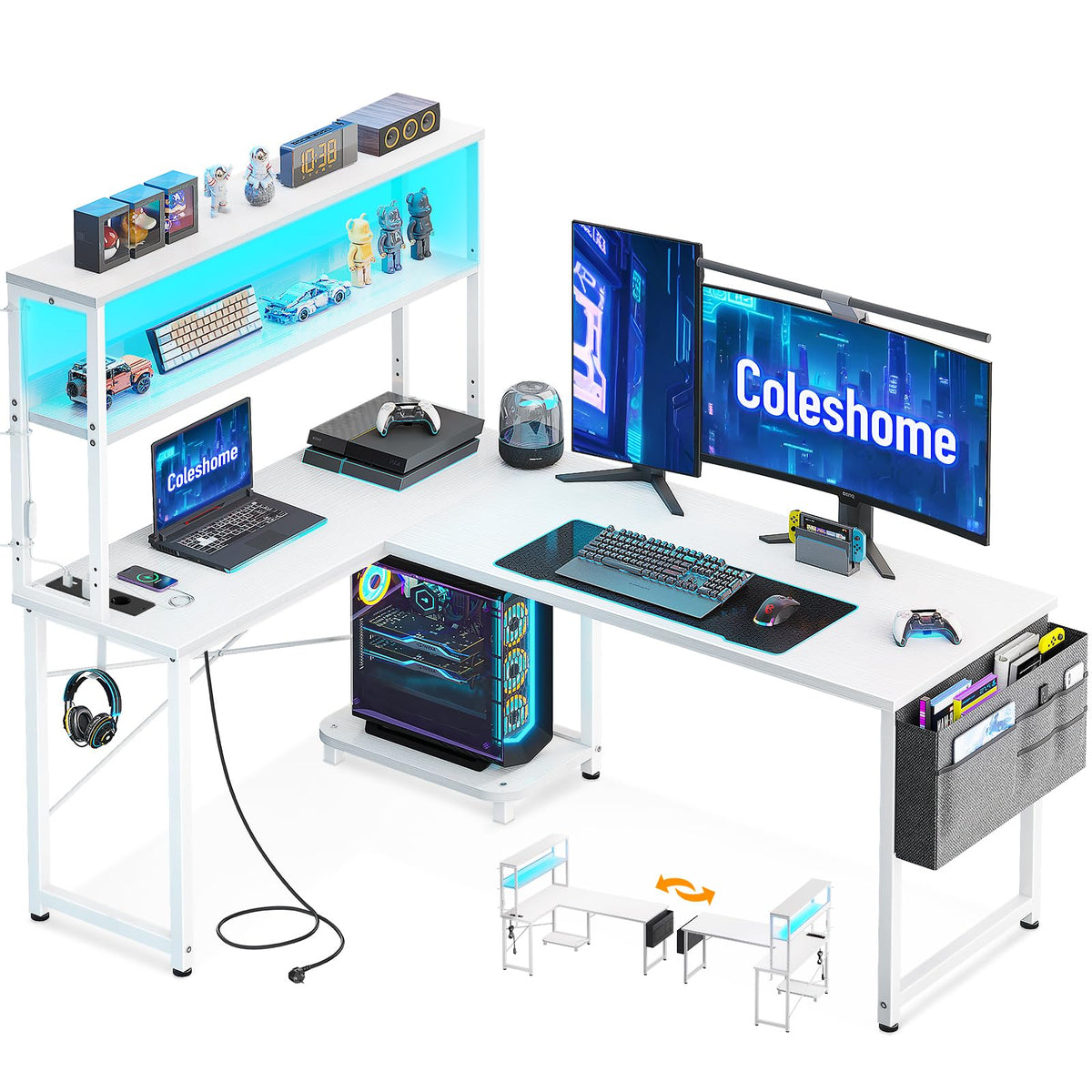 Coleshome Gaming Table L Shape with LED & Sockets, 135 × 100 cm Reversible Gaming Desk with Storage Shelves, Corner Desk with Storage Bag for Home Office and Gaming, Black