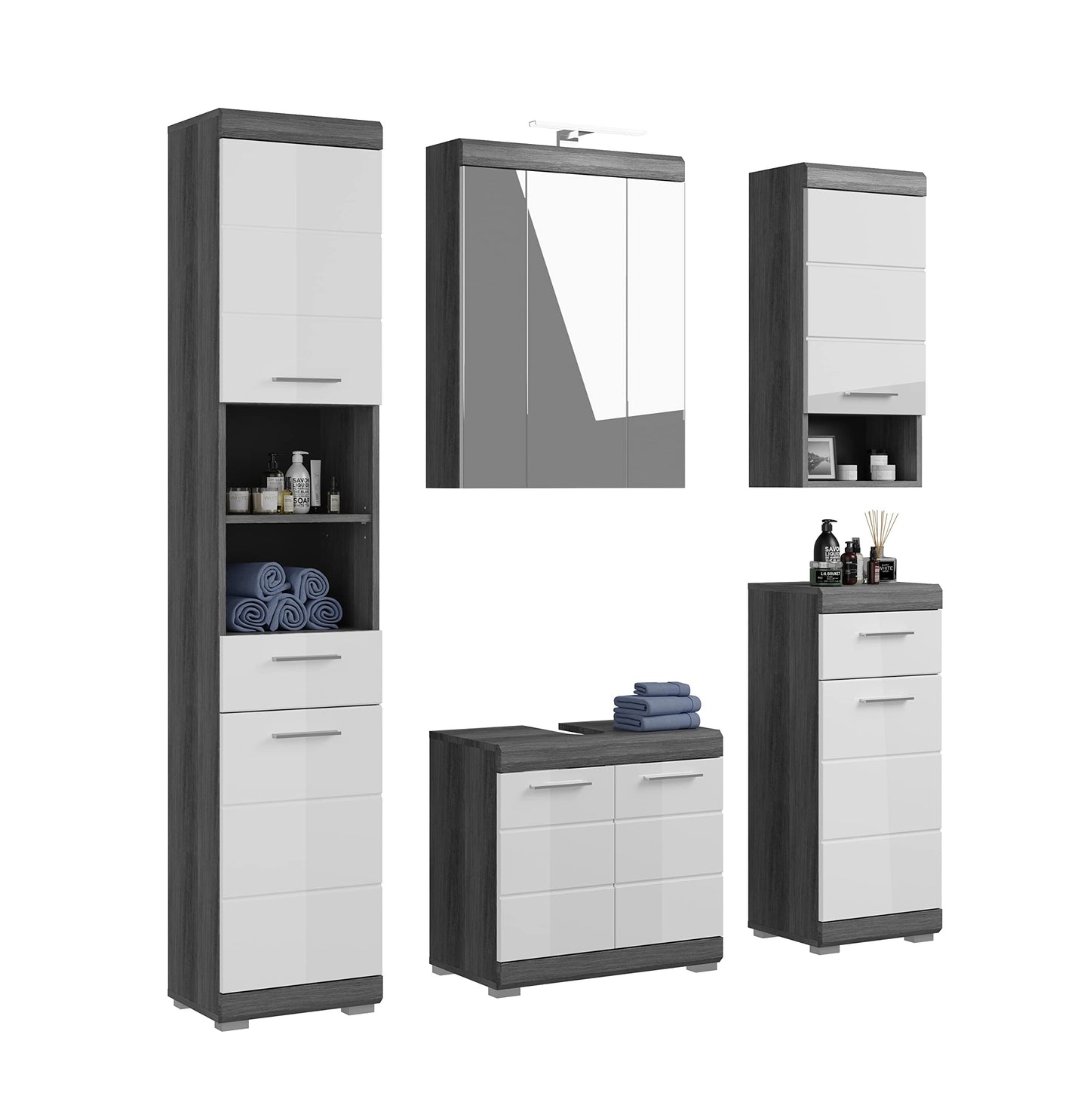 Badezimmer Scout X06B2723 Wall-Mounted Cupboard Wide Cabinet in Front White High Gloss Body Smoke Silver Nb. Approx. 74 x 79 x 24 cm